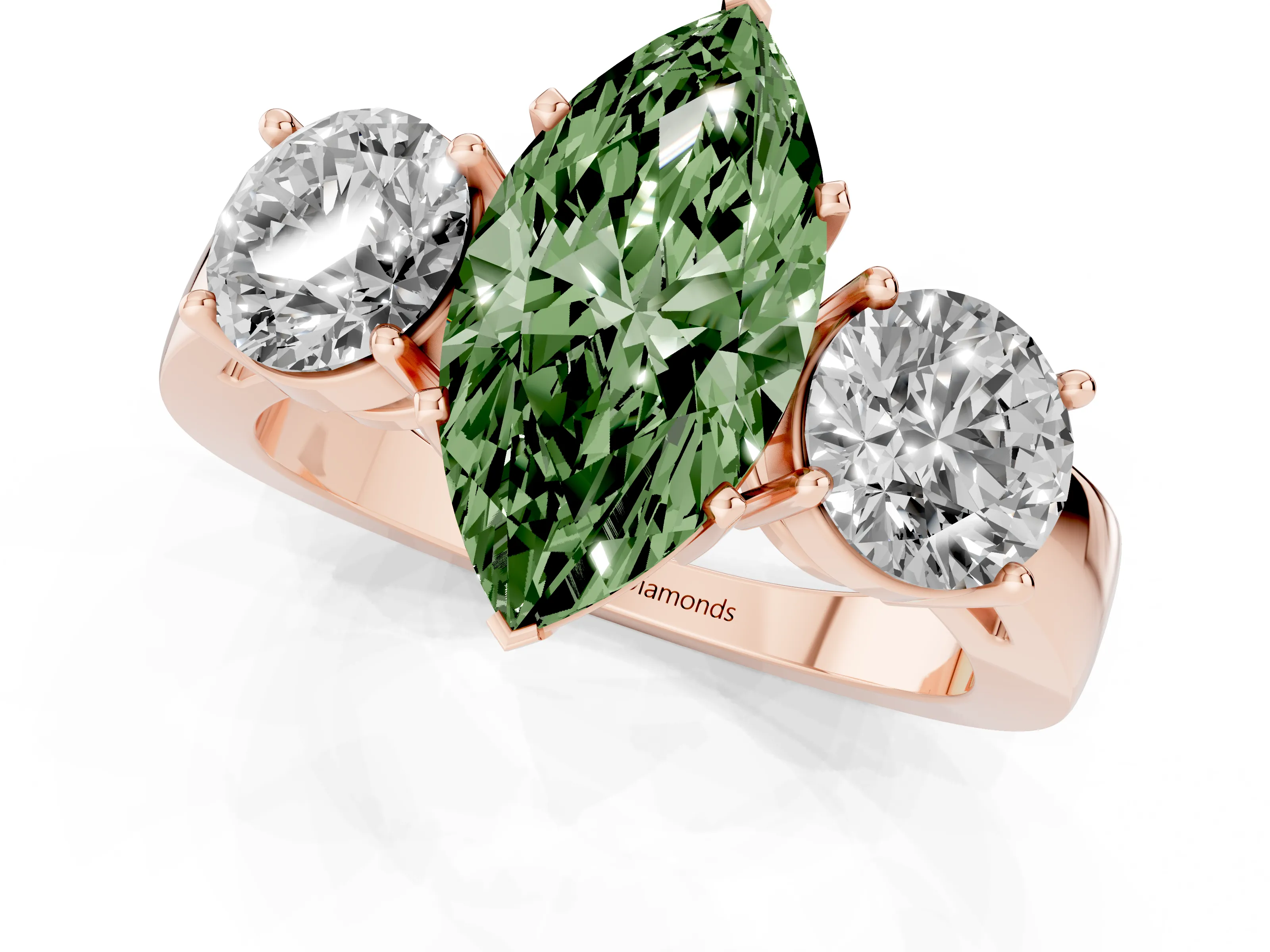 Fancy Green Marquise Cut Diamond Three-Stone Ring Set in Rose gold with Round Side Stones and Classic Band