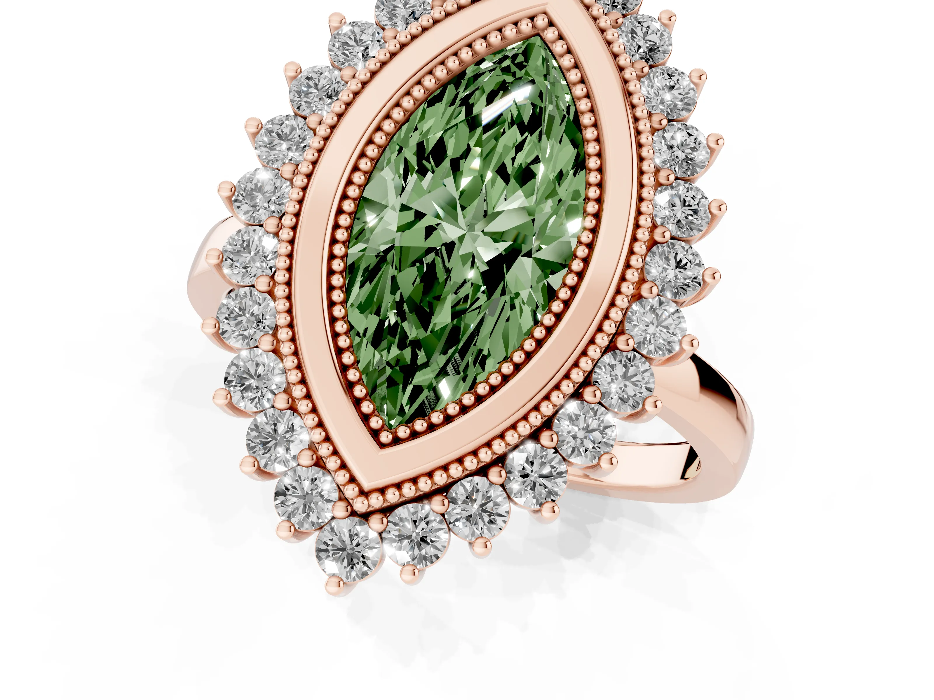 Fancy Green Marquise Cut Diamond Halo Ring Set in Rose gold with Milgrain Edge and Round Prong Setting