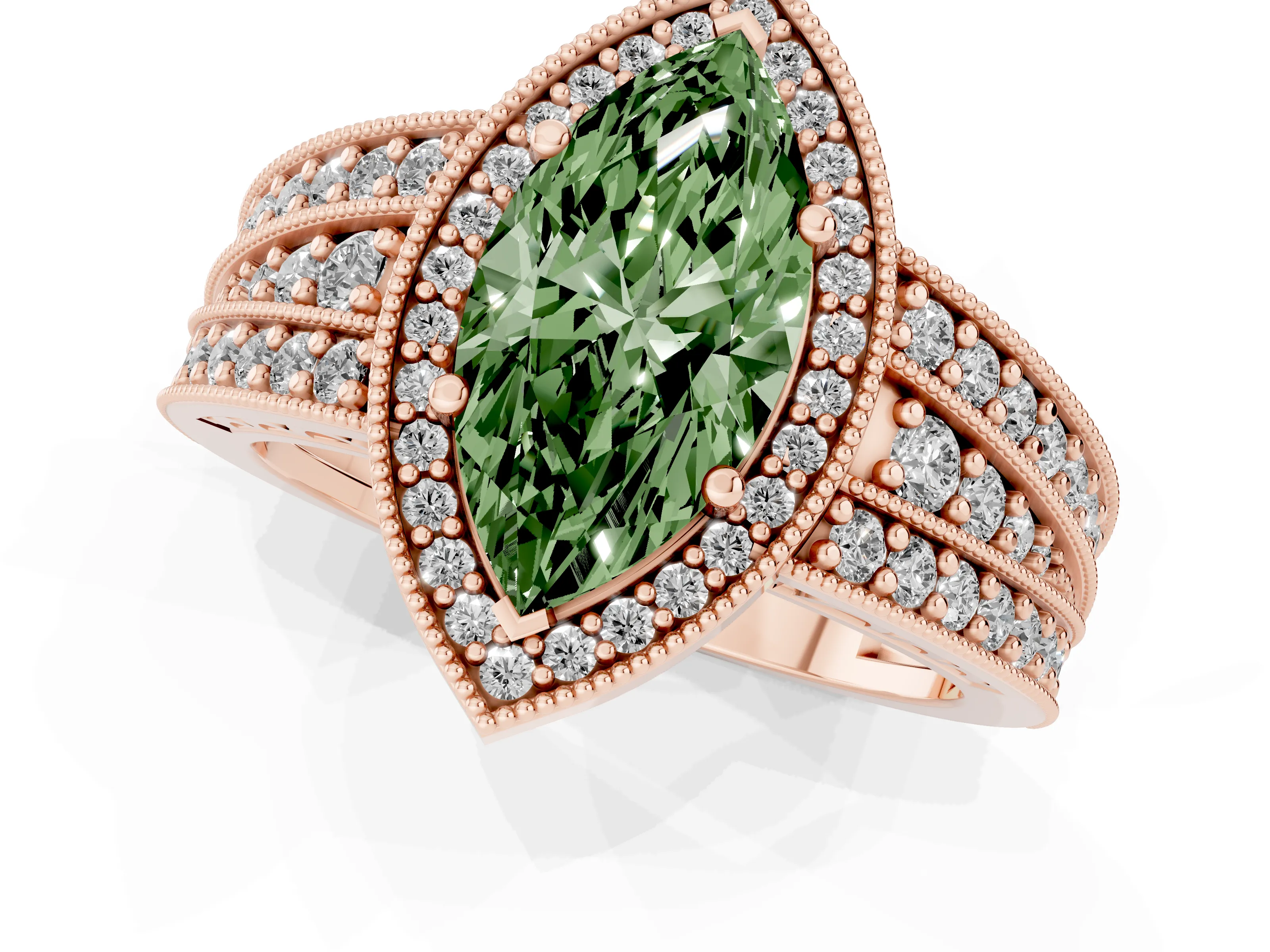 Fancy Green Marquise Cut Diamond Halo Ring Set in Rose gold with Accent Split Shank and Prong Setting