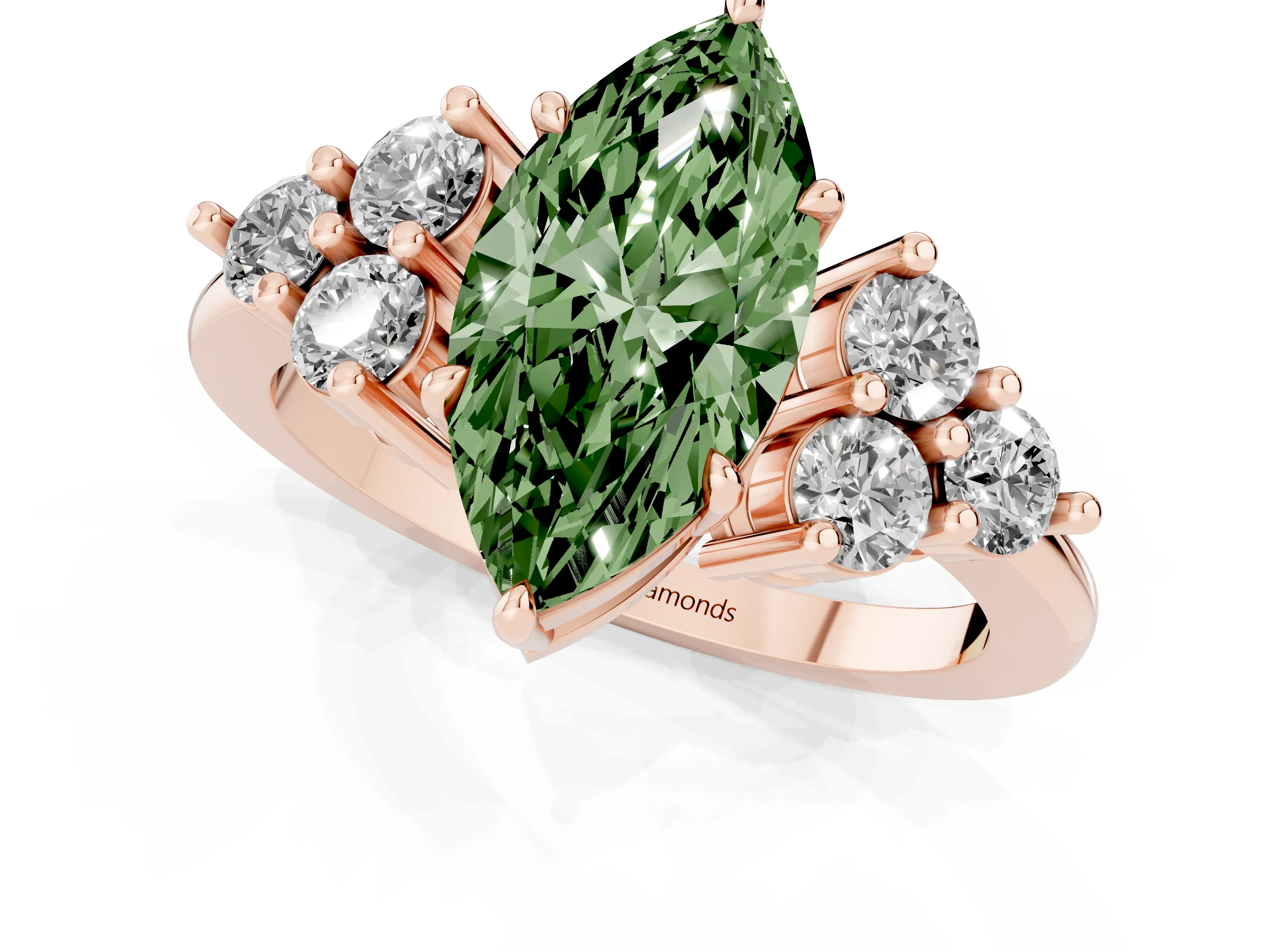 Fancy Green Marquise Cut Diamond Solitaire Ring Set in Rose gold with Cluster Accents on Each Side