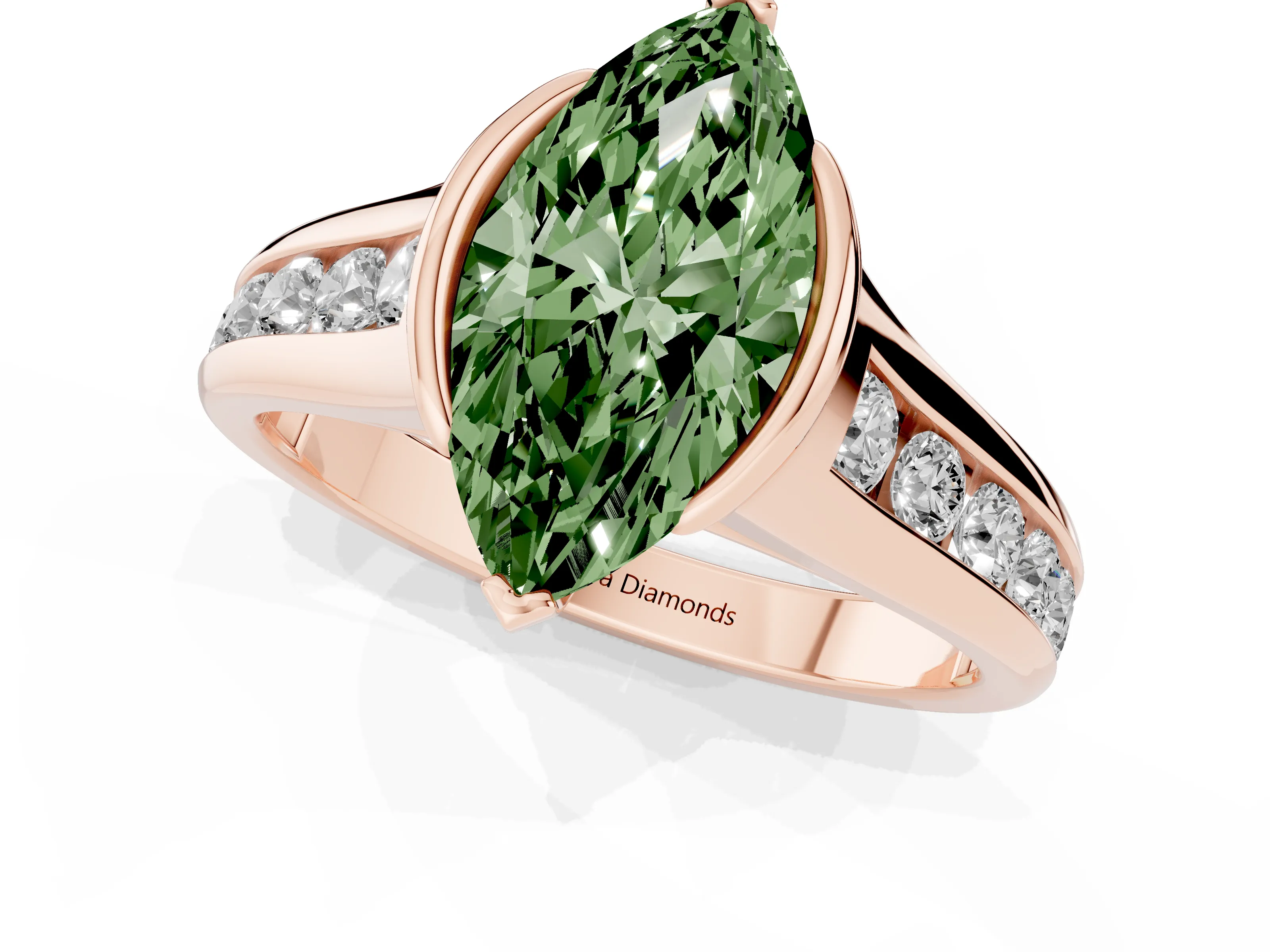 Fancy Green Marquise Cut Diamond Bezel-Set Solitaire Ring Set in Rose gold with Channel-Set Band
