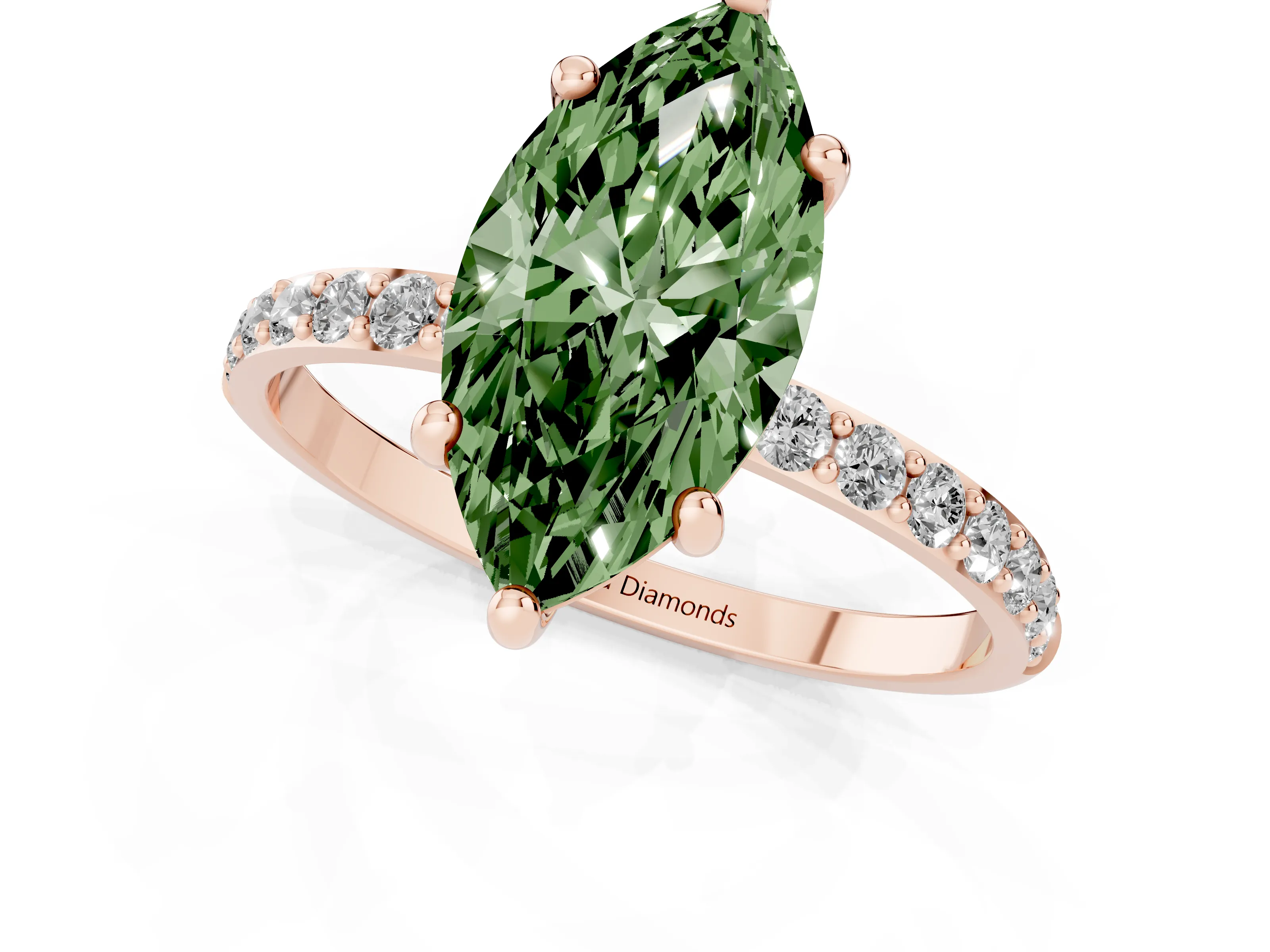 Fancy Green Marquise Cut Diamond Solitaire Ring Set in Rose gold with Round Pavé Band and Prong Setting
