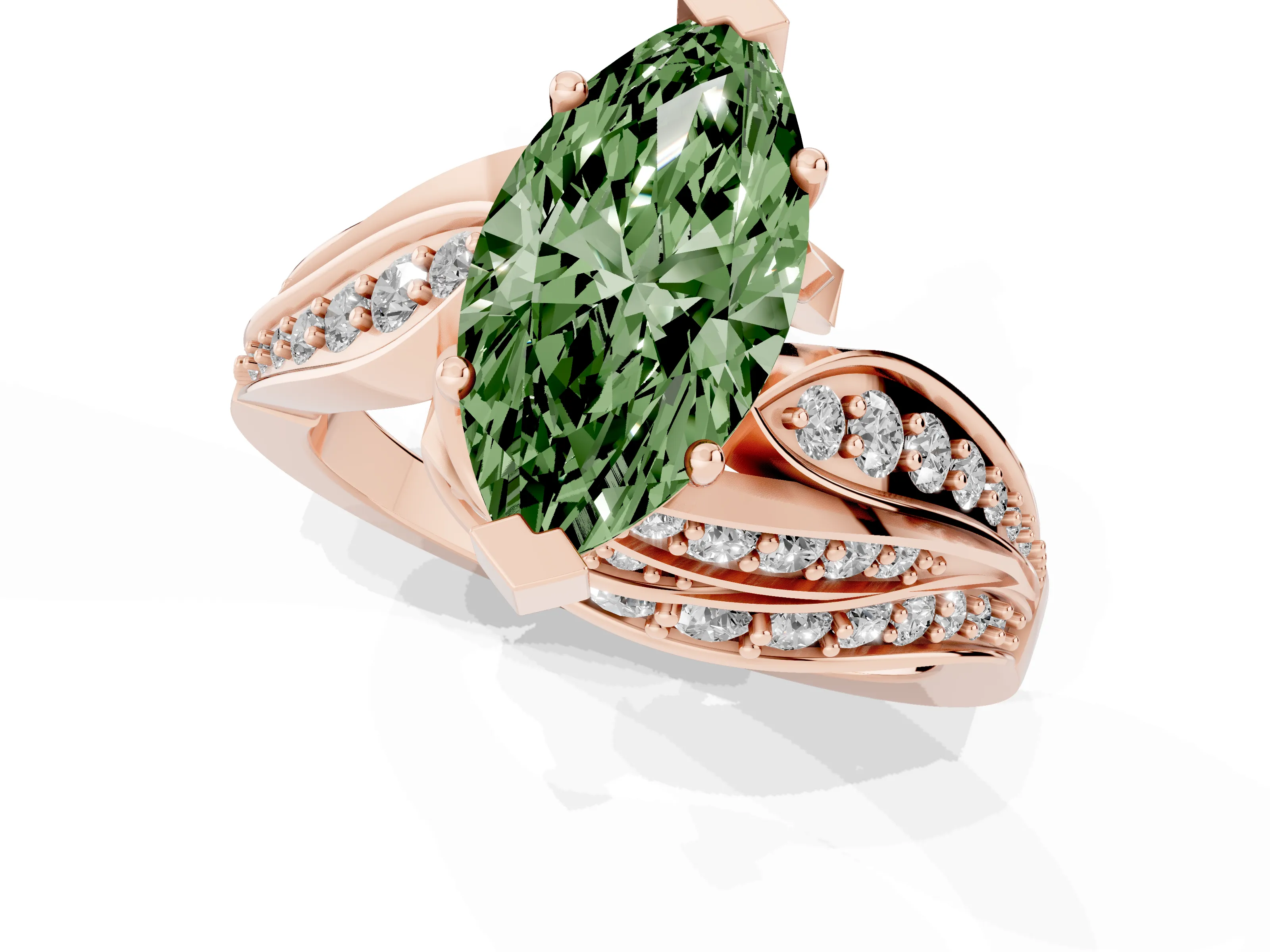 Fancy Green Marquise Cut Diamond Solitaire Ring Set in Rose gold with Layered Twist Pavé Band