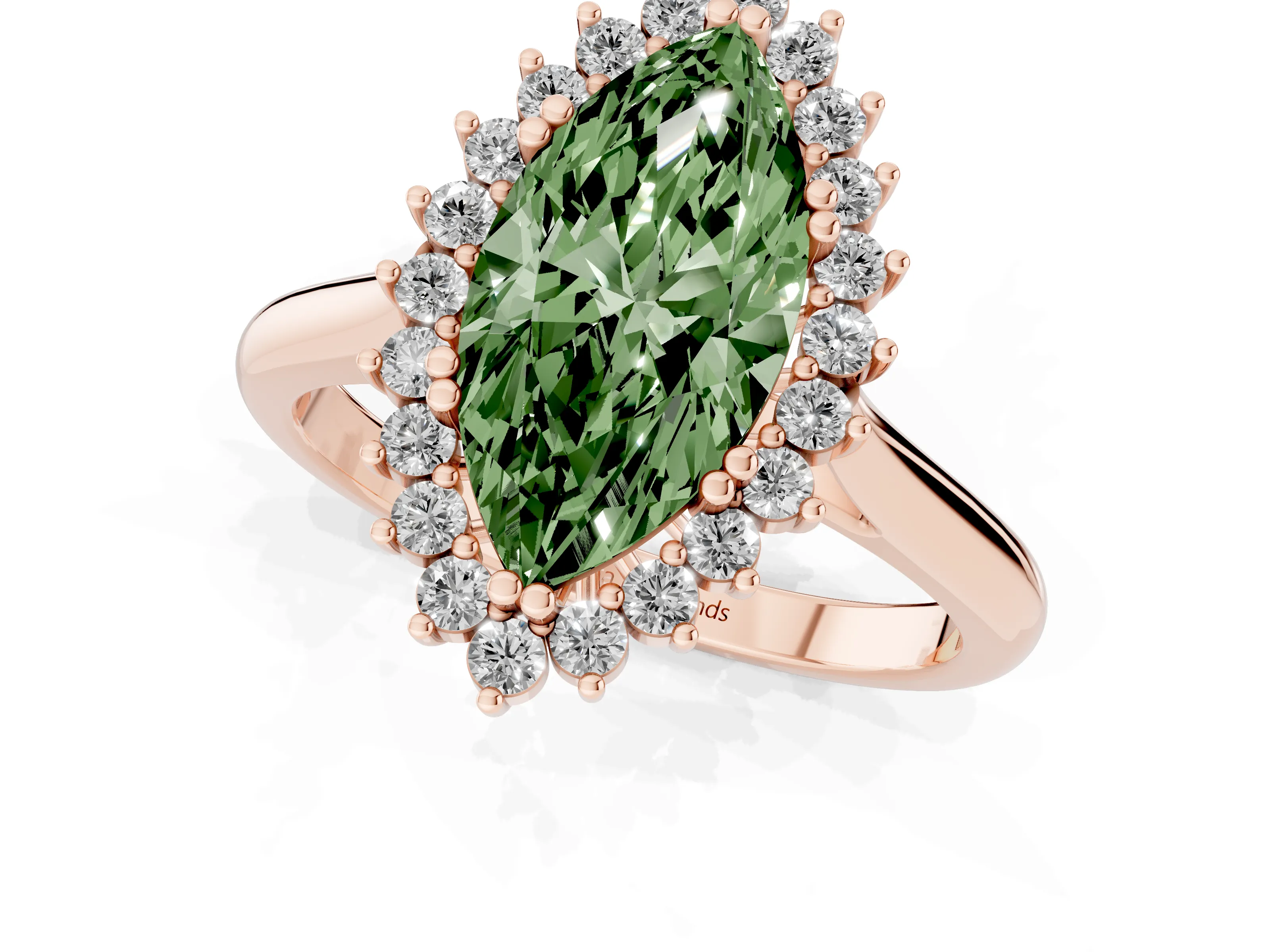 Fancy Green Marquise Cut Diamond Halo Ring Set in Rose gold with Plain Solitaire Band and Prong Setting