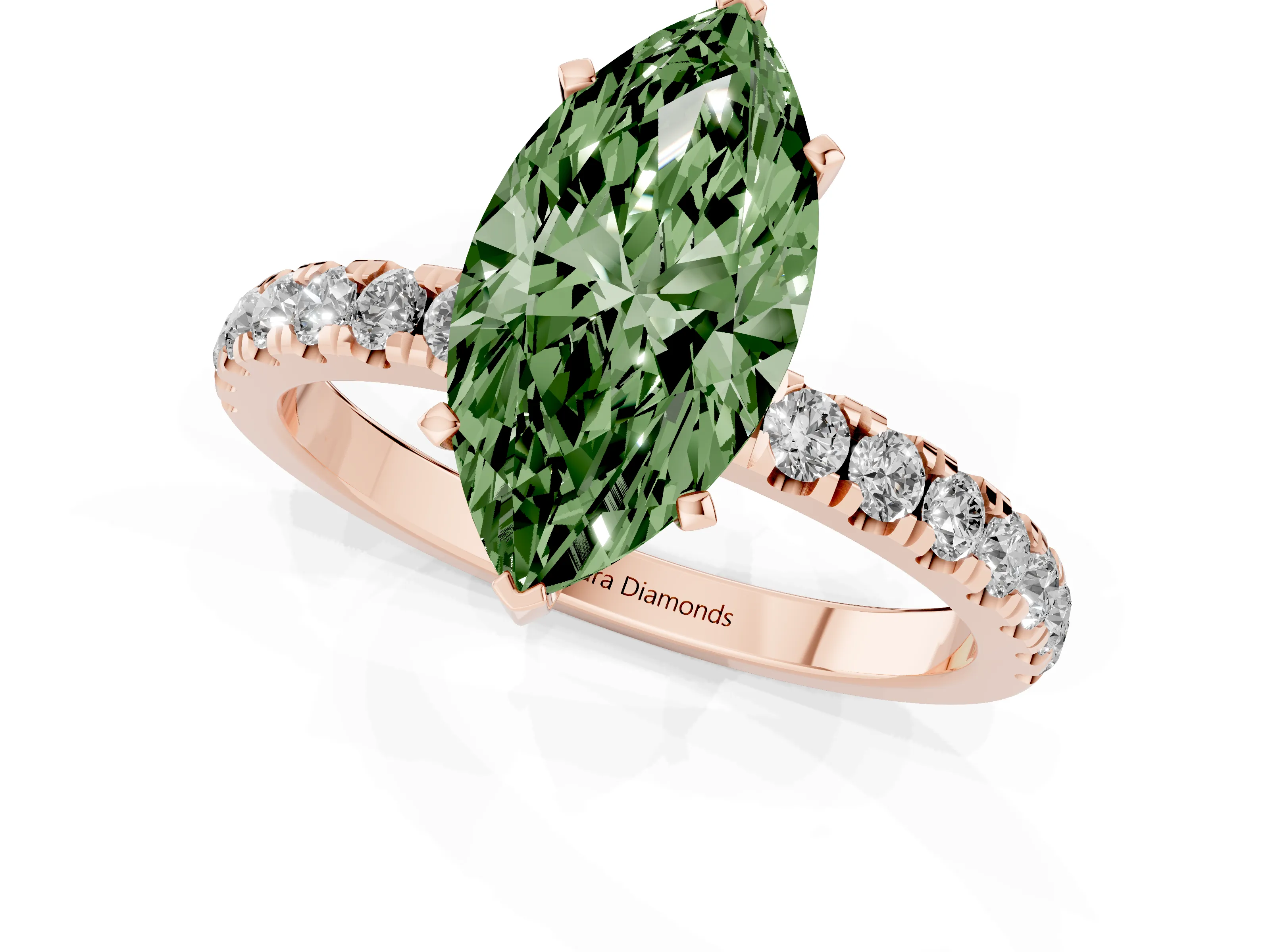 Fancy Green Marquise Cut Diamond Solitaire Ring Set in Rose gold with Pavé Accents and Prong Setting