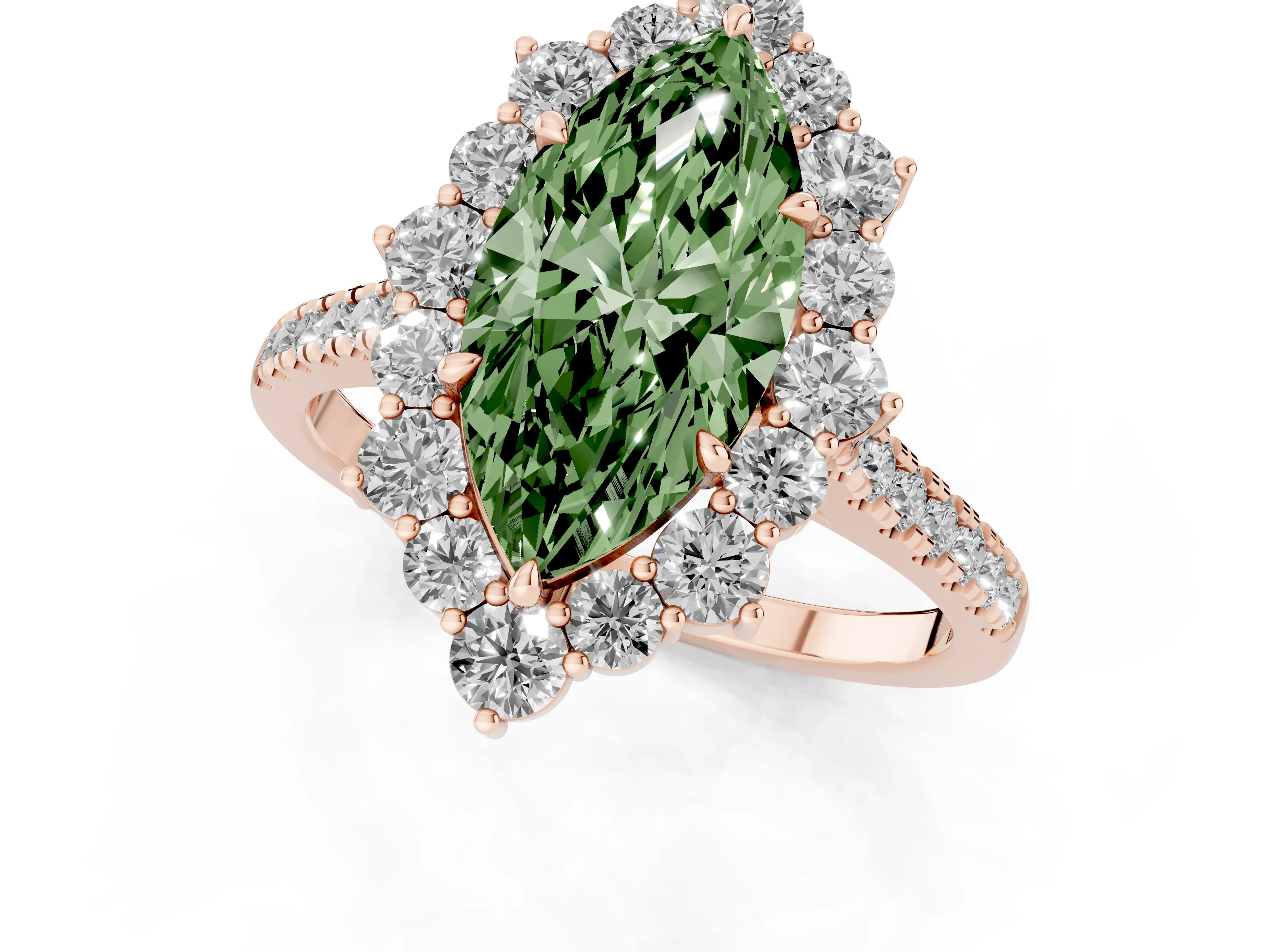 Fancy Green Marquise Cut Diamond Halo Ring Set in Rose gold with Pavé Band and Prong Setting
