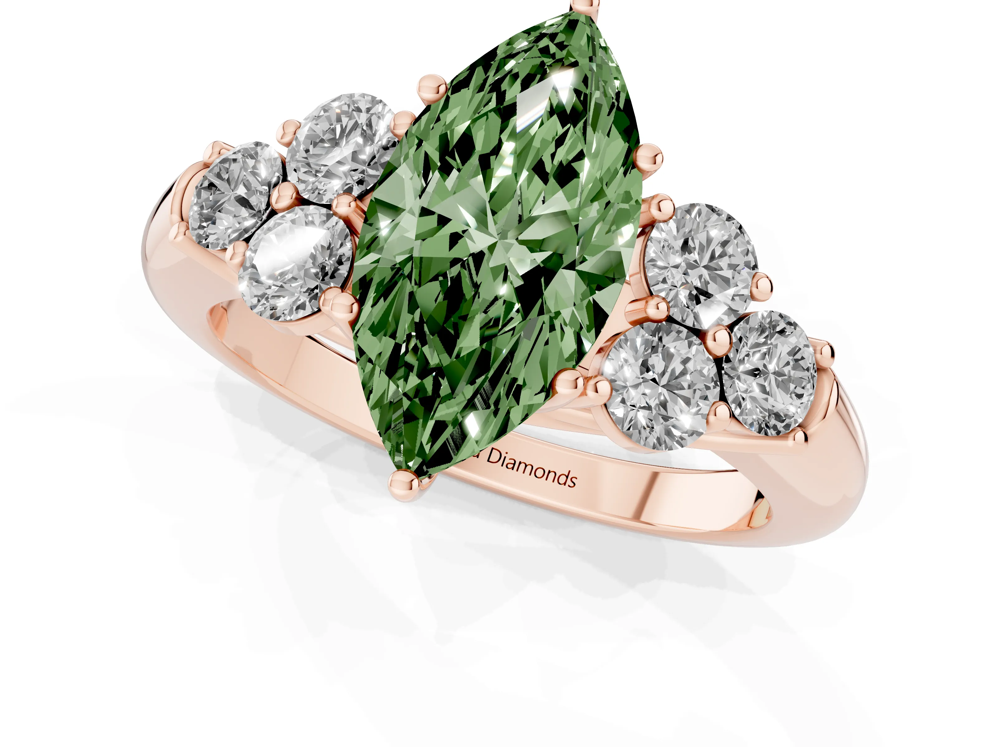 Fancy Green Marquise Cut Diamond Cluster Ring Set in Rose gold with Round Accent Stones and Prong Setting on a Plain Band