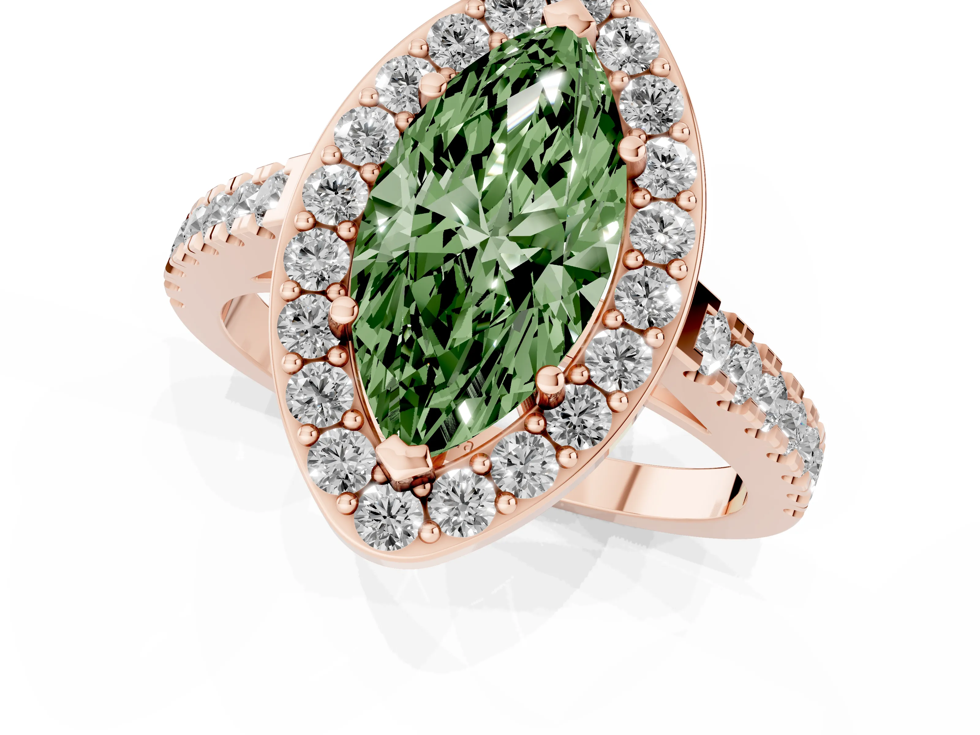 Fancy Green Marquise Cut Diamond Halo Ring Set in Rose gold with Round Pavé Split Shank and Prong Setting