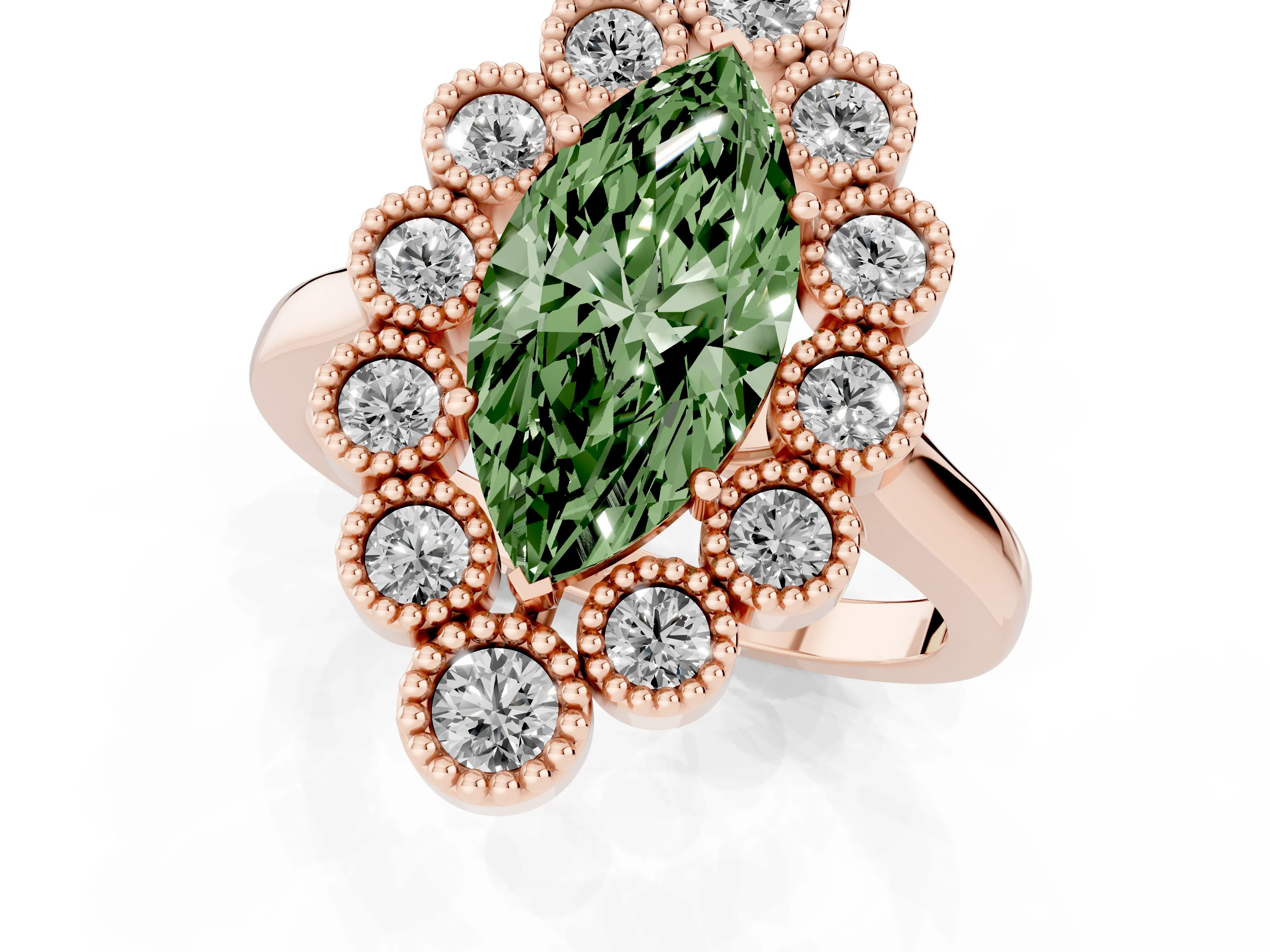 Fancy Green Marquise Cut Diamond Cluster Halo Ring Set in Rose gold with Milgrain Bezel Accents and Plain Band