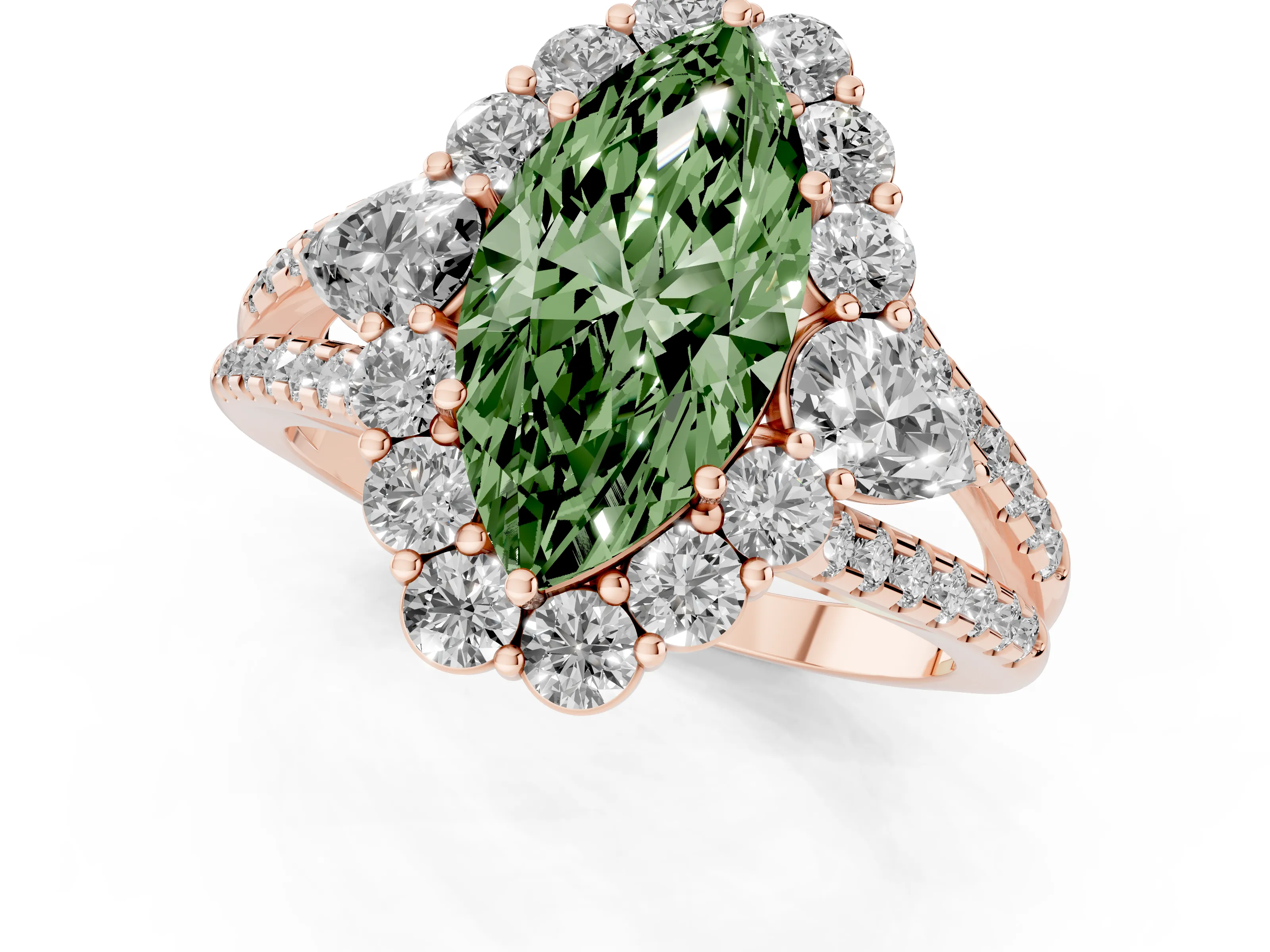 Fancy Green Marquise Cut Diamond Halo Split Shank Engagement Ring Set in Rose gold with Prong-Held Center Stone