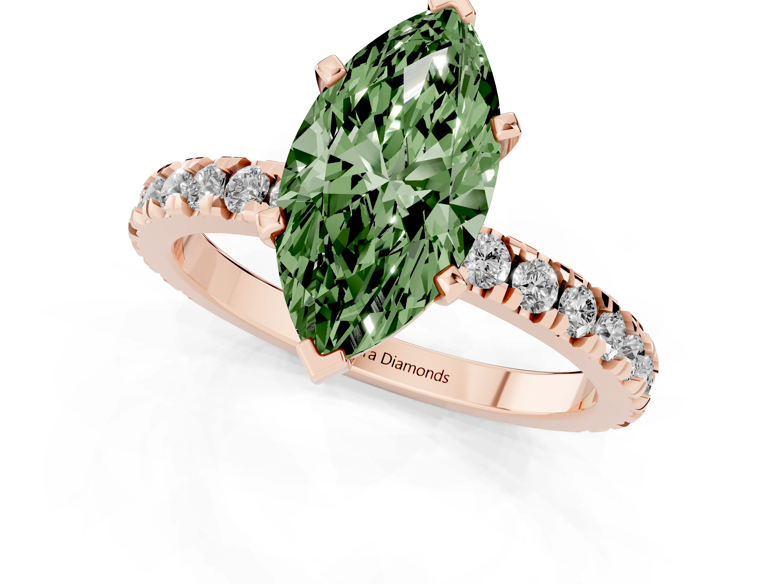 Fancy Green Marquise Cut Diamond Pavé Band Solitaire Set in Rose gold with Prong Setting