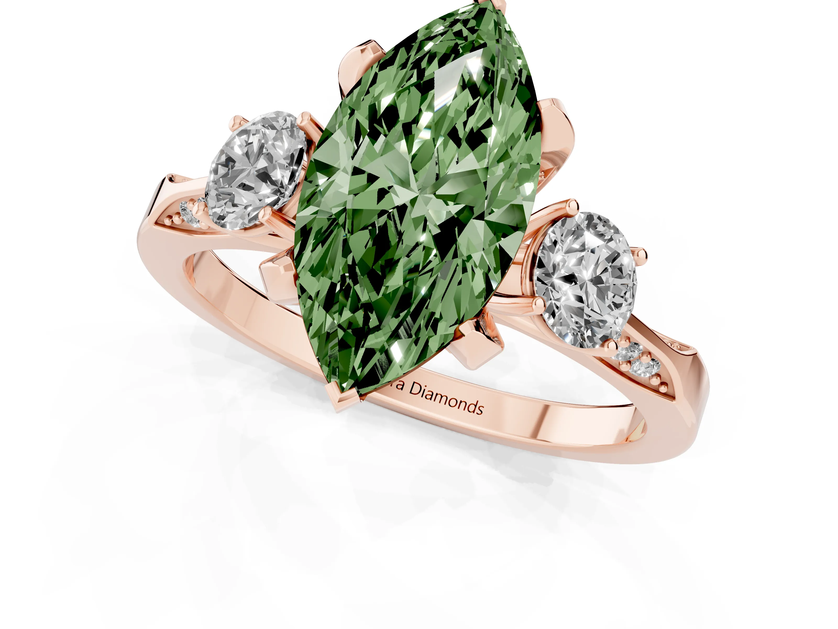 Fancy Green Marquise Cut Diamond Three-Stone Ring Set in Rose gold with Pavé Band and Smaller Side Stones