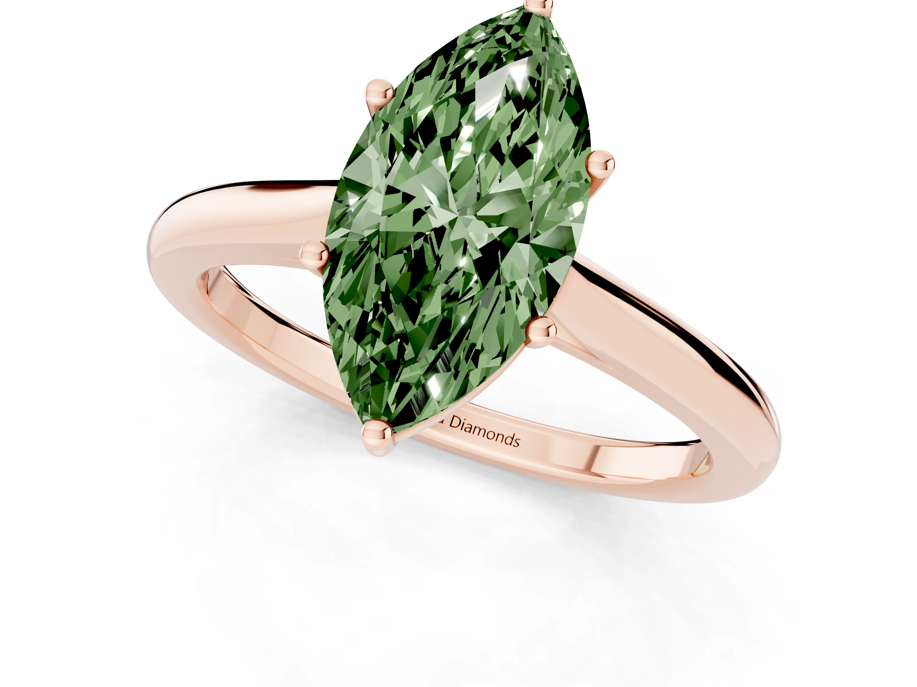 Fancy Green Marquise Cut Diamond Solitaire Ring Set in Rose gold with Cathedral Band and Prong Setting