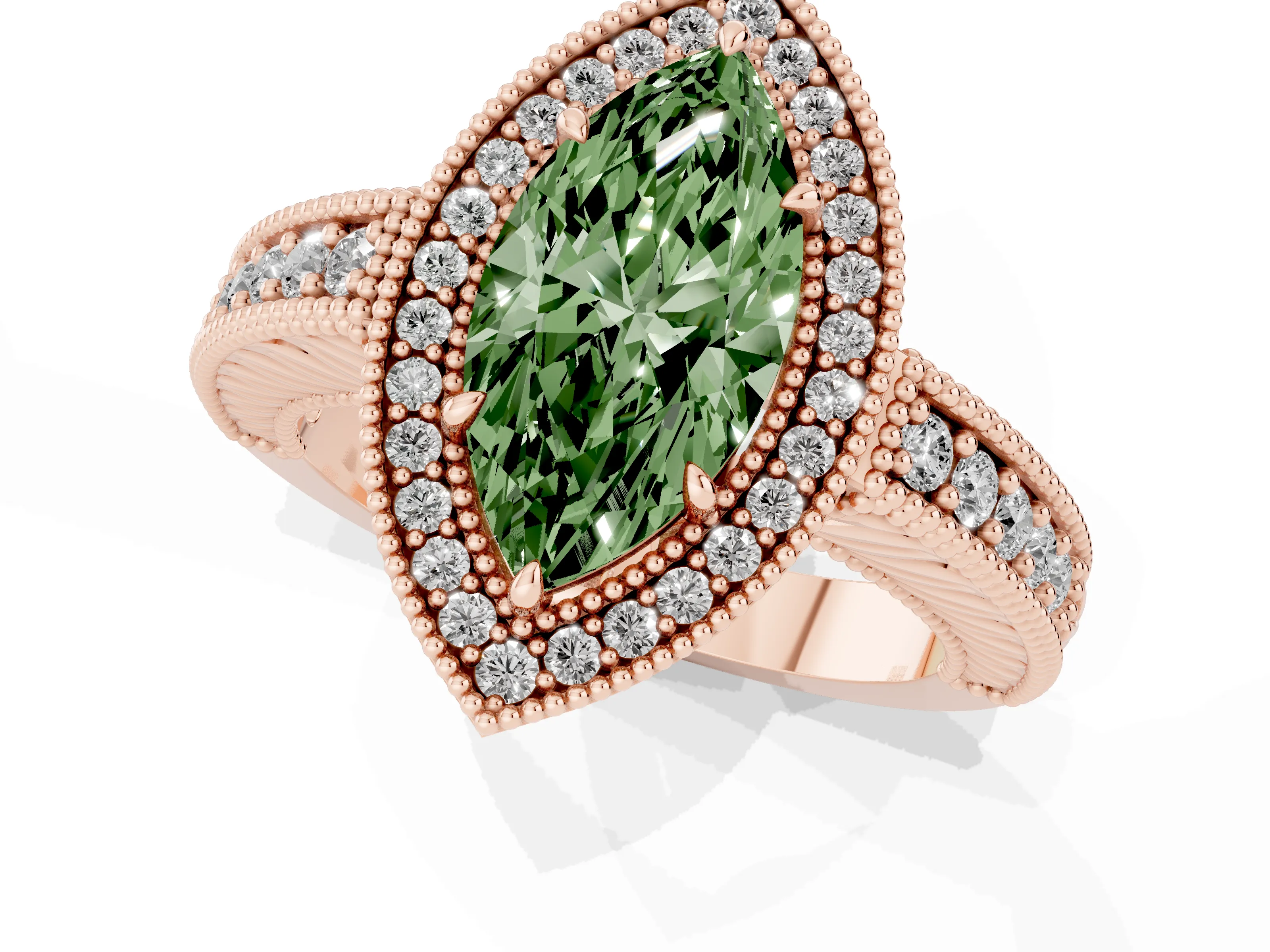 Fancy Green Marquise Cut Diamond Halo Ring Set in Rose gold with Round Accent Halo, Pavé Band and Prong Setting