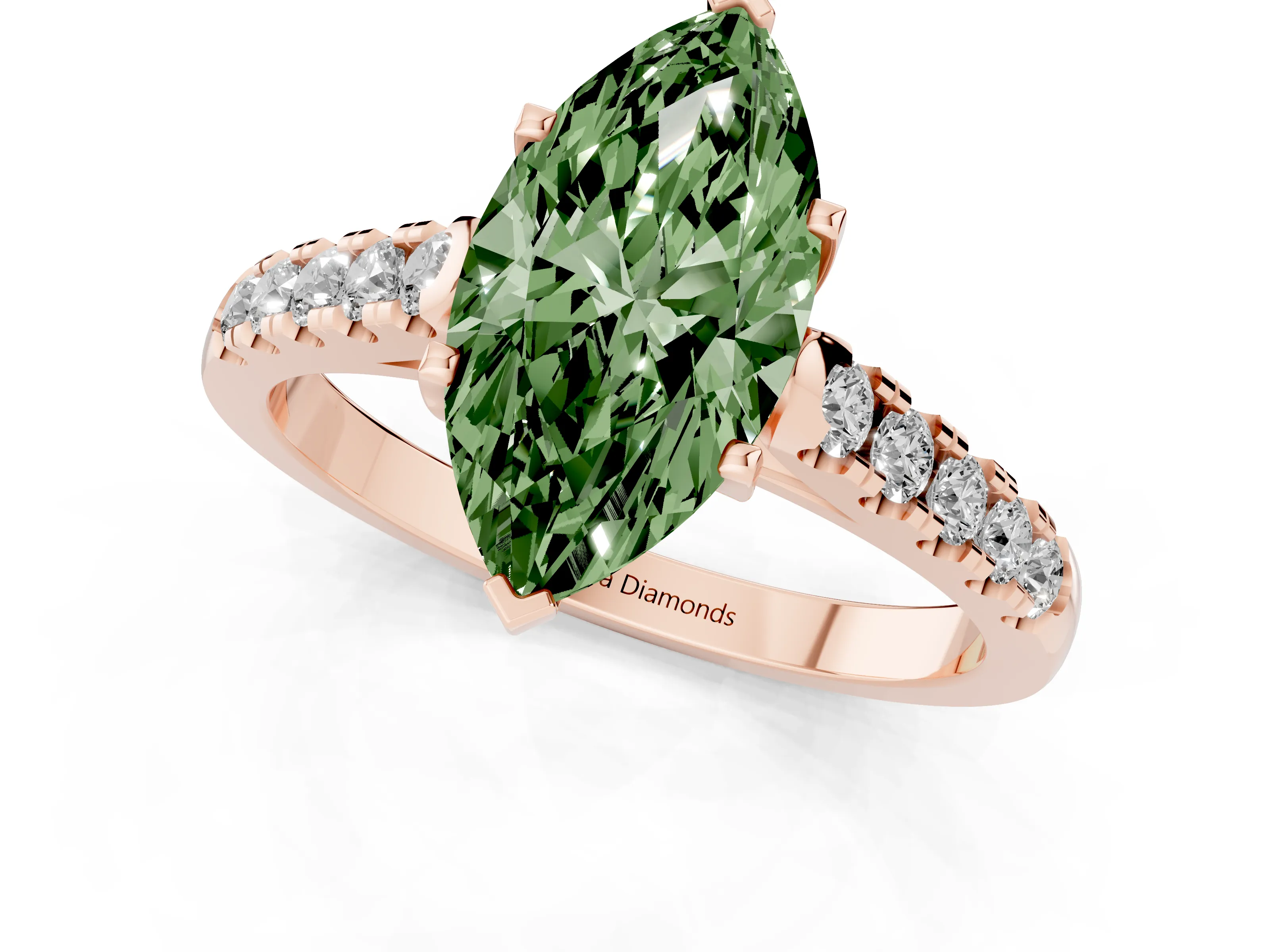 Fancy Green Marquise Cut Diamond Pavé Band Solitaire Ring Set in Rose gold with Partway Accent Stones and Prong Setting