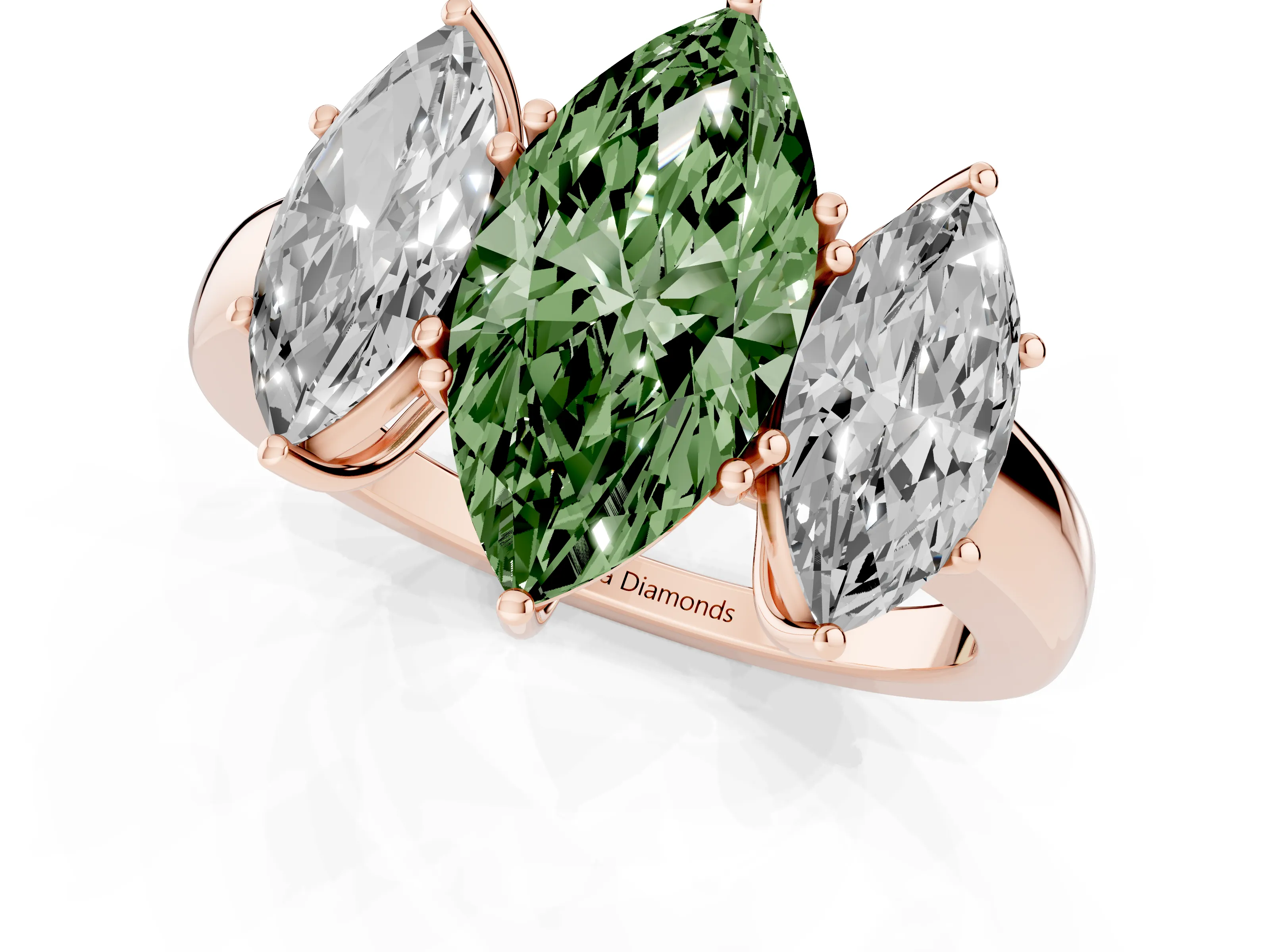 Fancy Green Marquise Cut Diamond Three-Stone Ring Set in Rose gold with Bold Center and Classic Band
