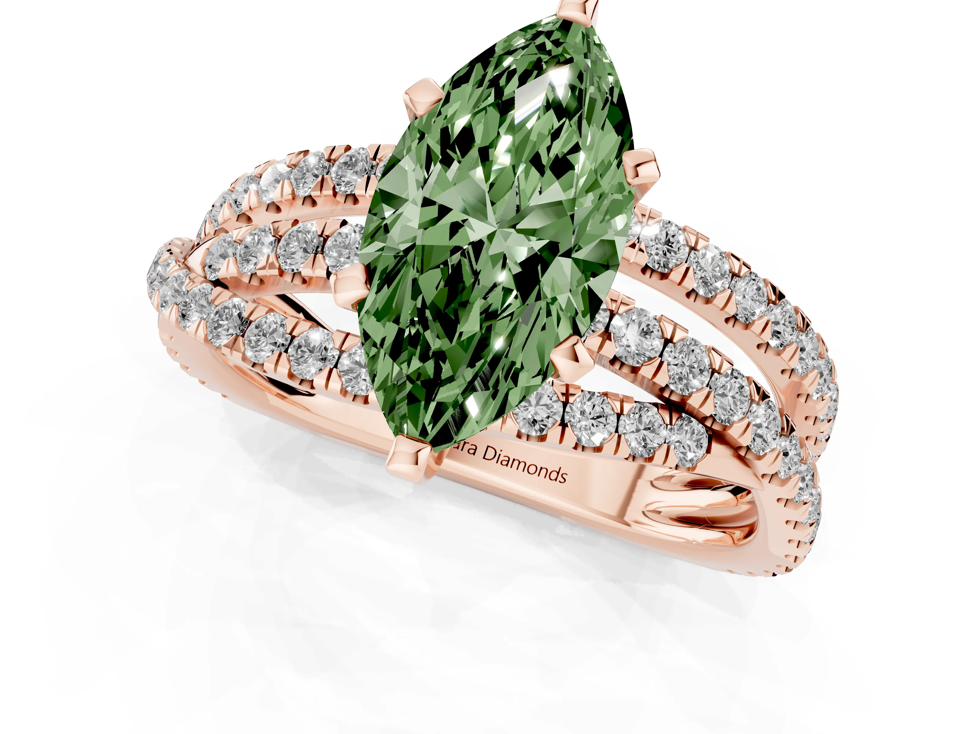 Fancy Green Marquise Cut Diamond Solitaire Twist Band Ring Set in Rose gold with Pavé Setting and Prong Head