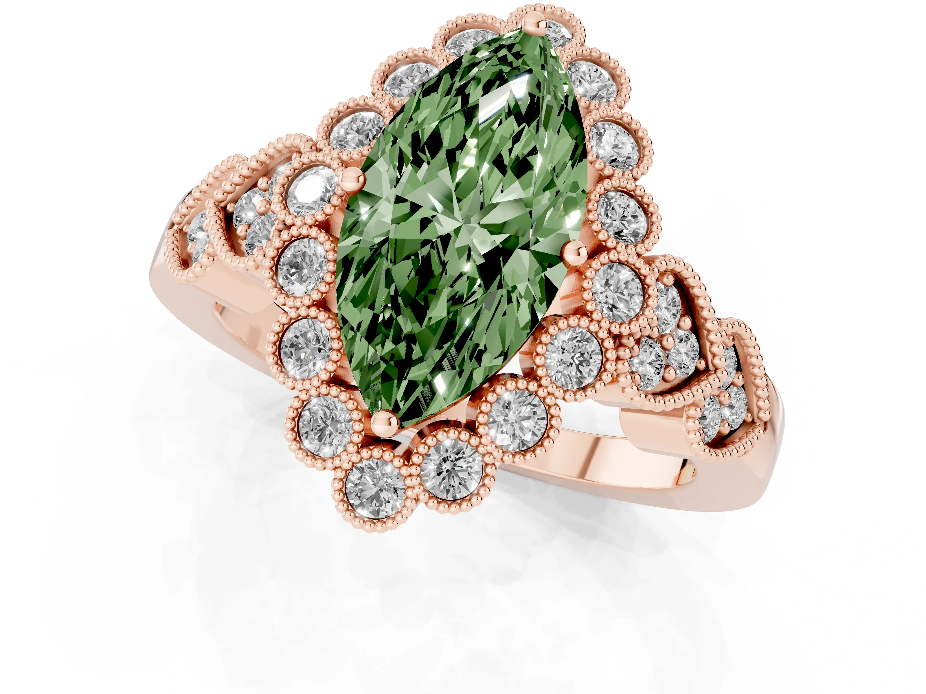 Fancy Green Marquise Cut Diamond Solitaire Ring Set in Rose gold with Milgrain Pavé Heart Band