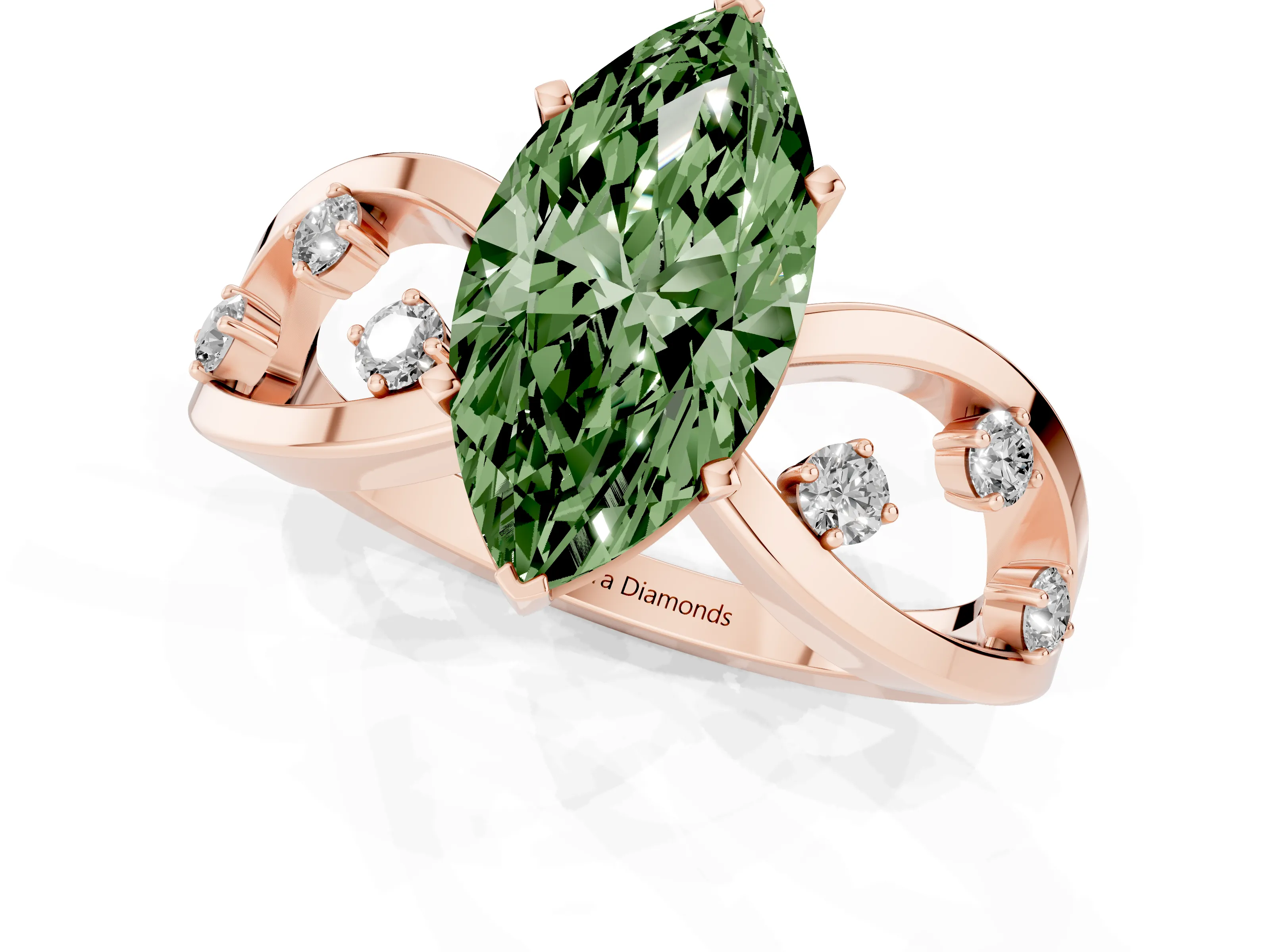 Fancy Green Marquise Cut Diamond Solitaire Ring Set in Rose gold with Side Stones on Criss-Cross Band and Prong Setting