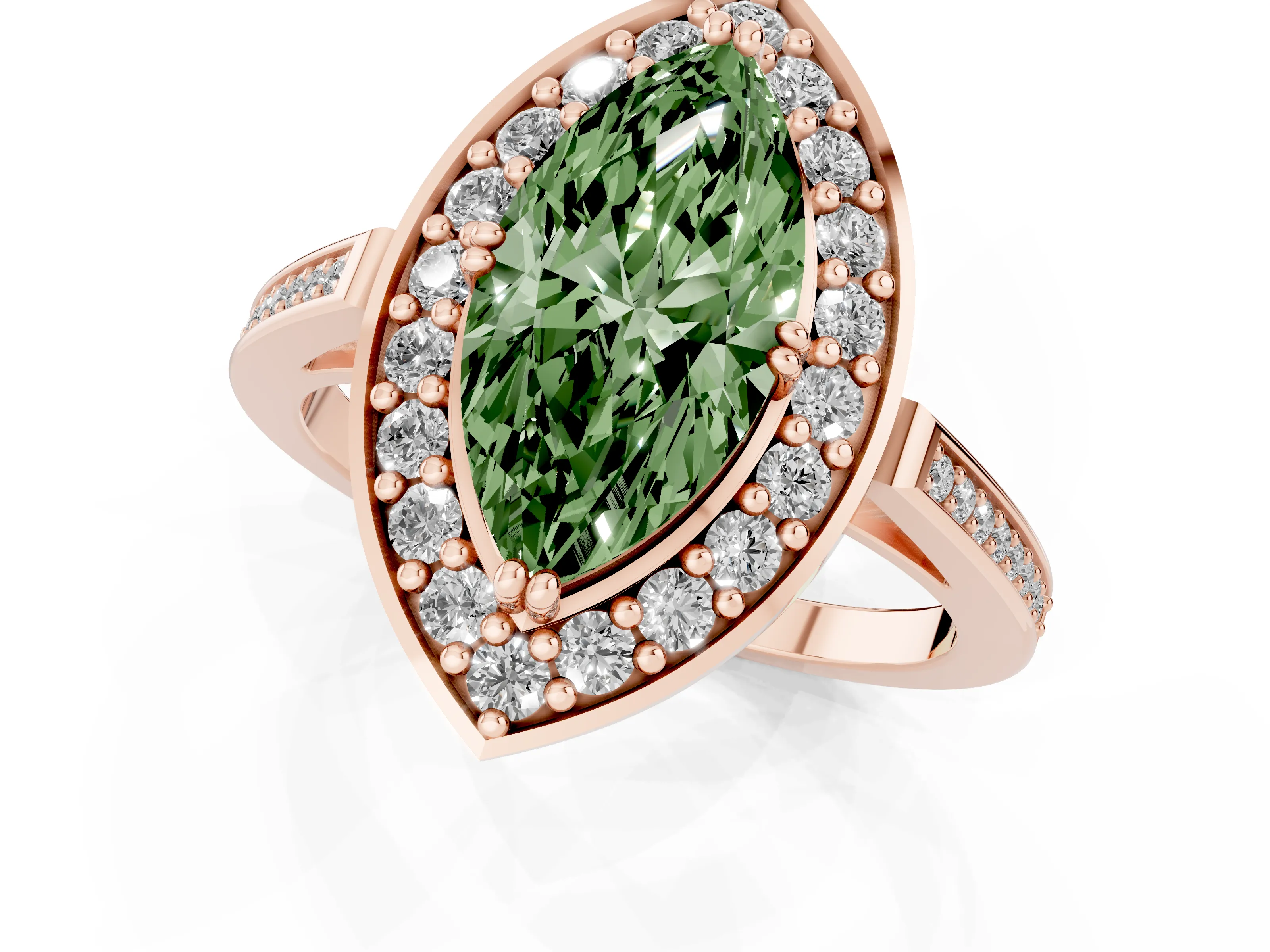 Fancy Green Marquise Cut Diamond Halo Ring Set in Rose gold with Accent-Lined Split Shank and Prong Setting