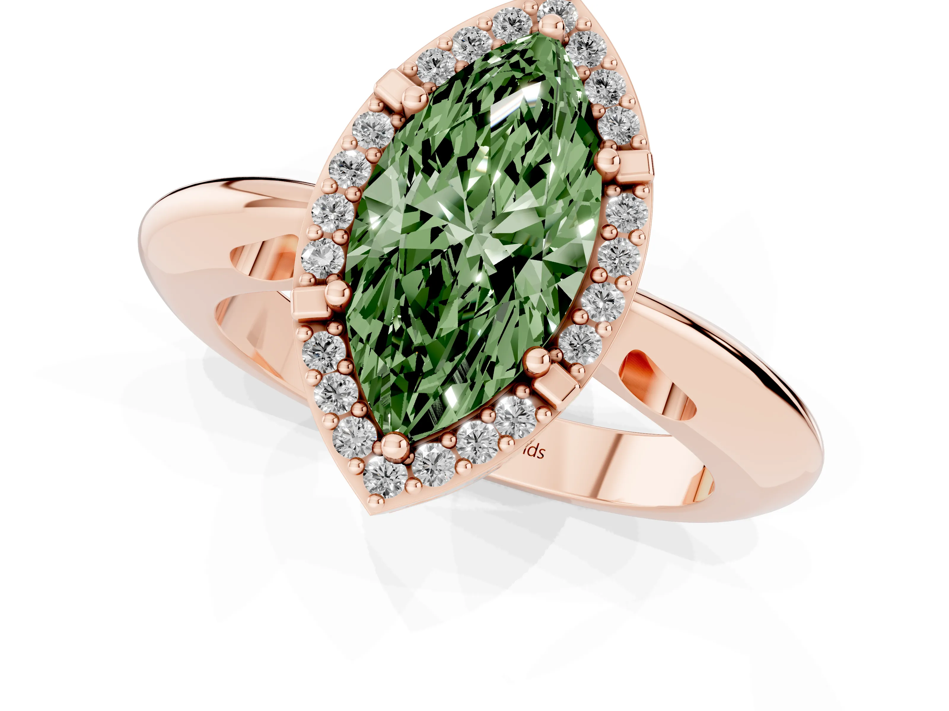 Fancy Green Marquise Cut Diamond Halo Engagement Ring Set in Rose gold with Plain Split Shank and Prong Setting
