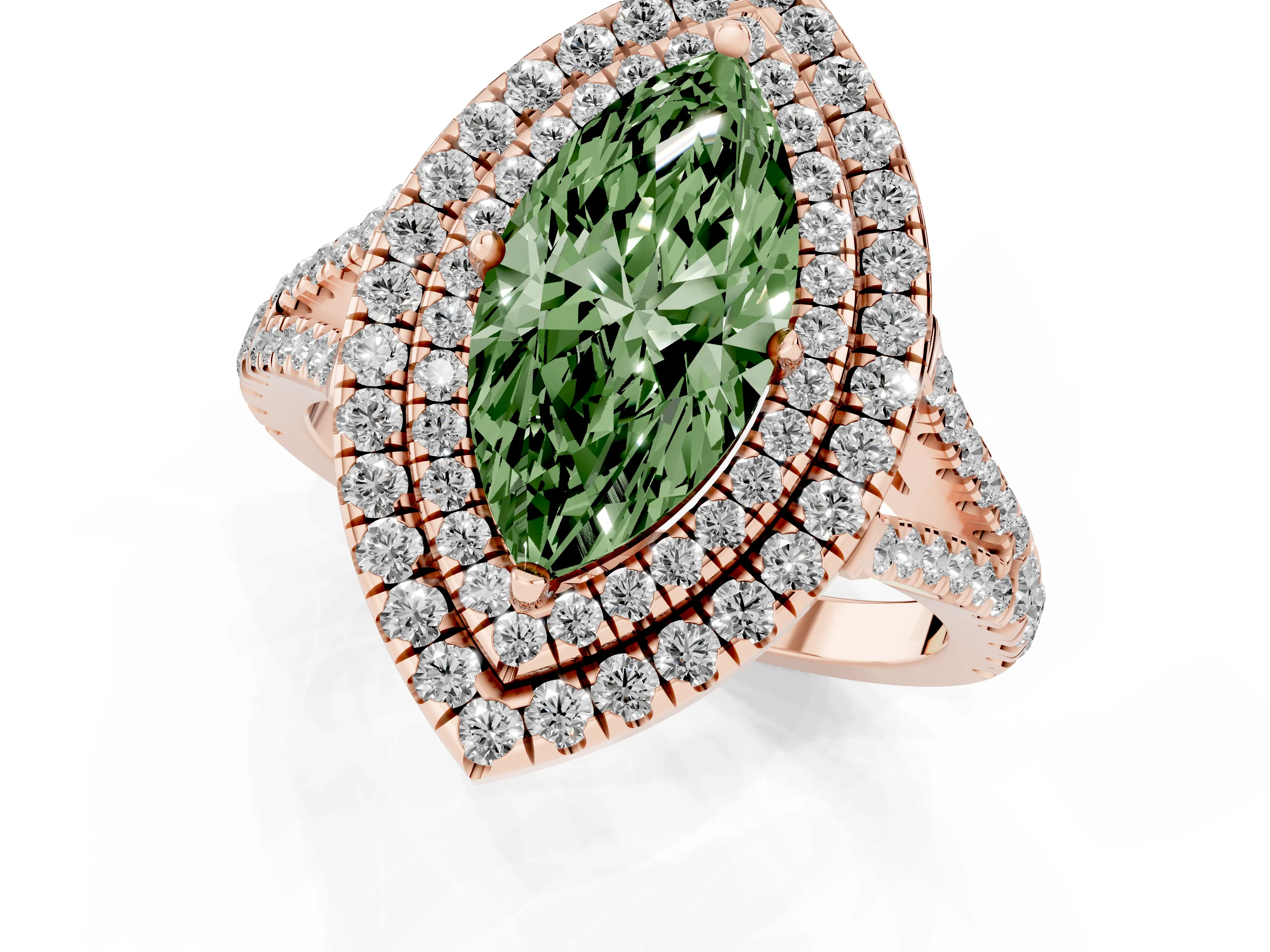 Fancy Green Marquise Cut Diamond Double Halo Ring Set in Rose gold with Pavé Band