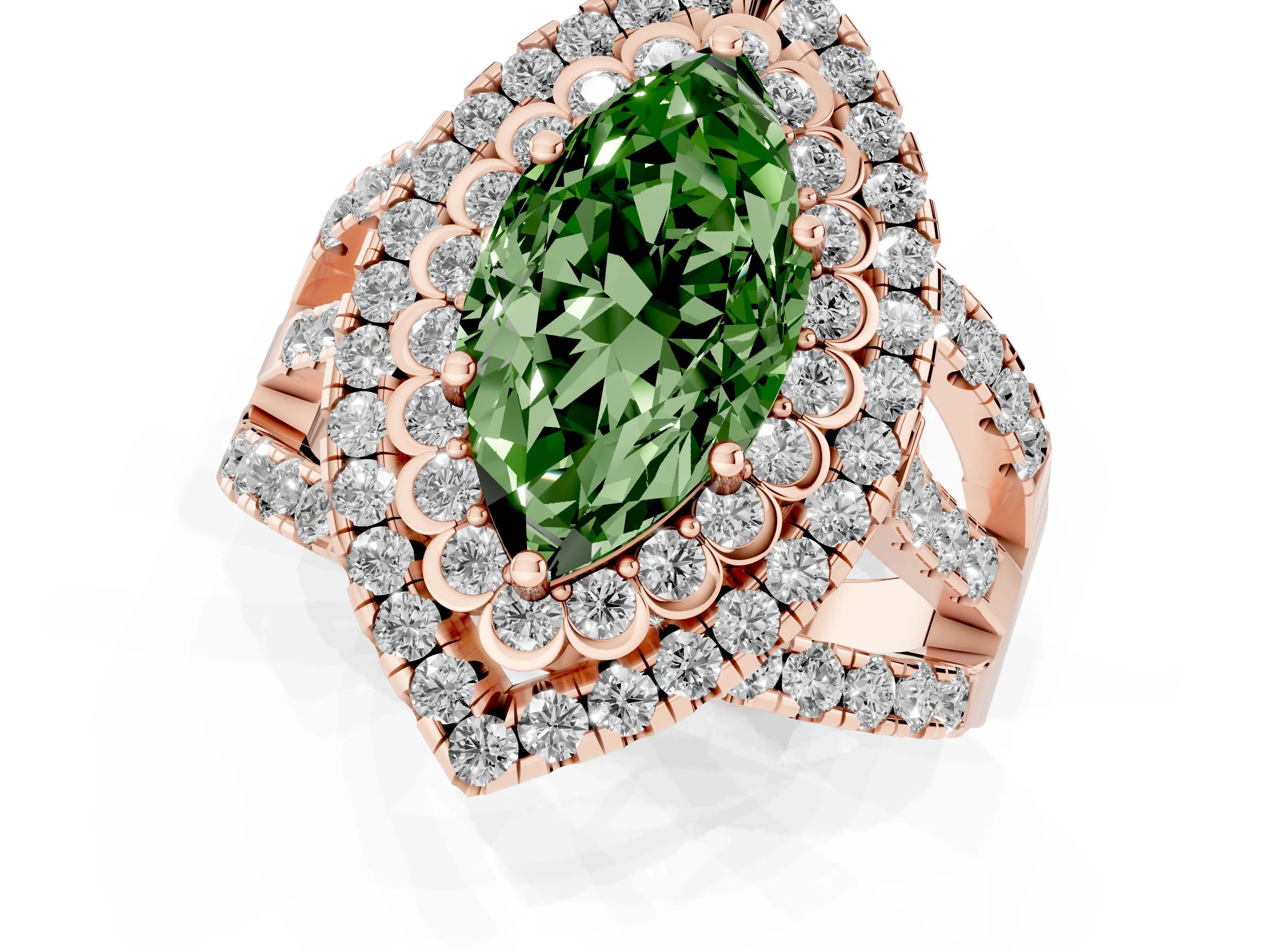 Fancy Green Marquise Cut Diamond Double Halo Ring Set in Rose gold with Round Pavé Split Shank