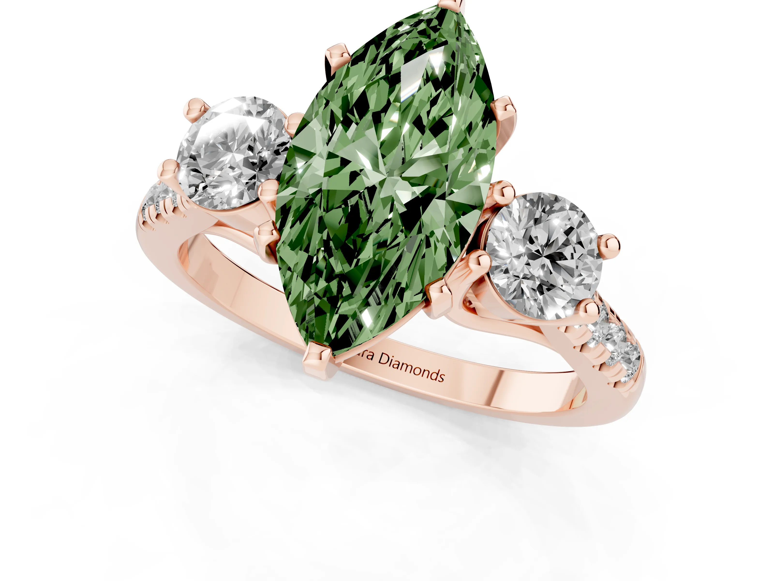 Fancy Green Three-Stone Marquise Cut Diamond Pavé Band Ring Set in Rose gold with Prong-Set Trio