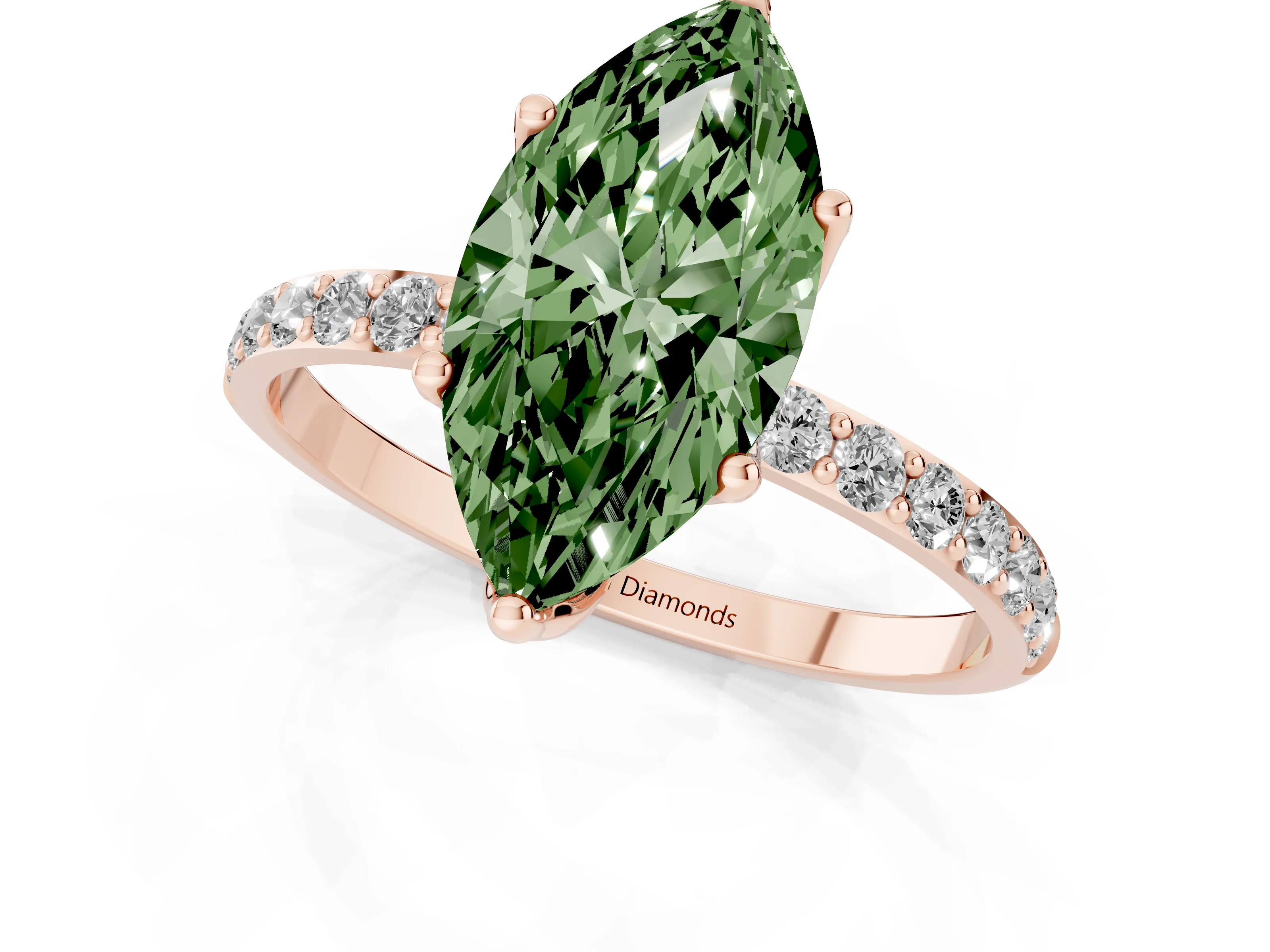 Fancy Green Marquise Cut Diamond Solitaire Engagement Ring Set in Rose gold with Round Pavé Band and Prong Setting
