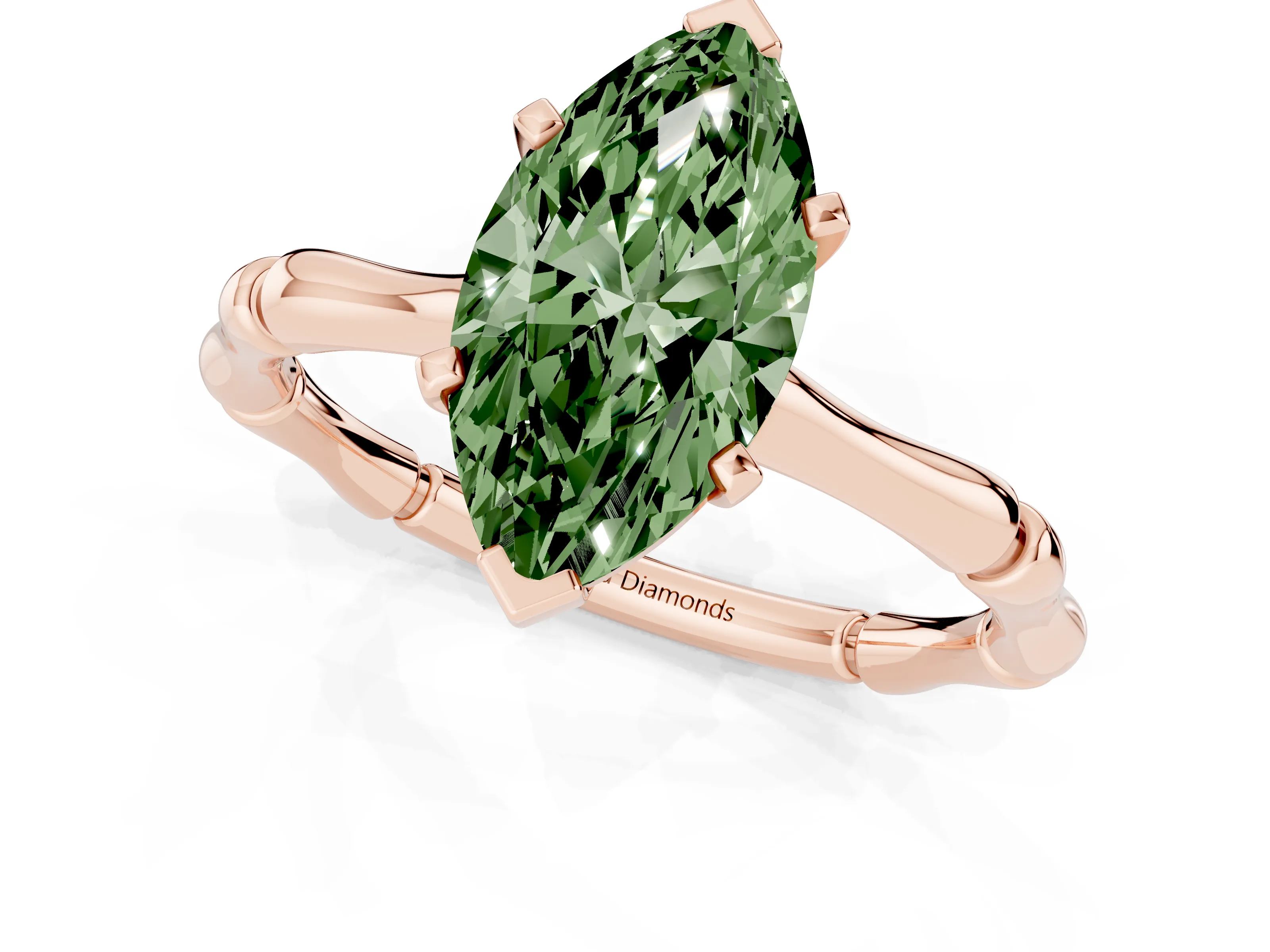 Fancy Green Marquise Cut Diamond Solitaire Ring Set in Rose gold with Bamboo Band and Prong Setting