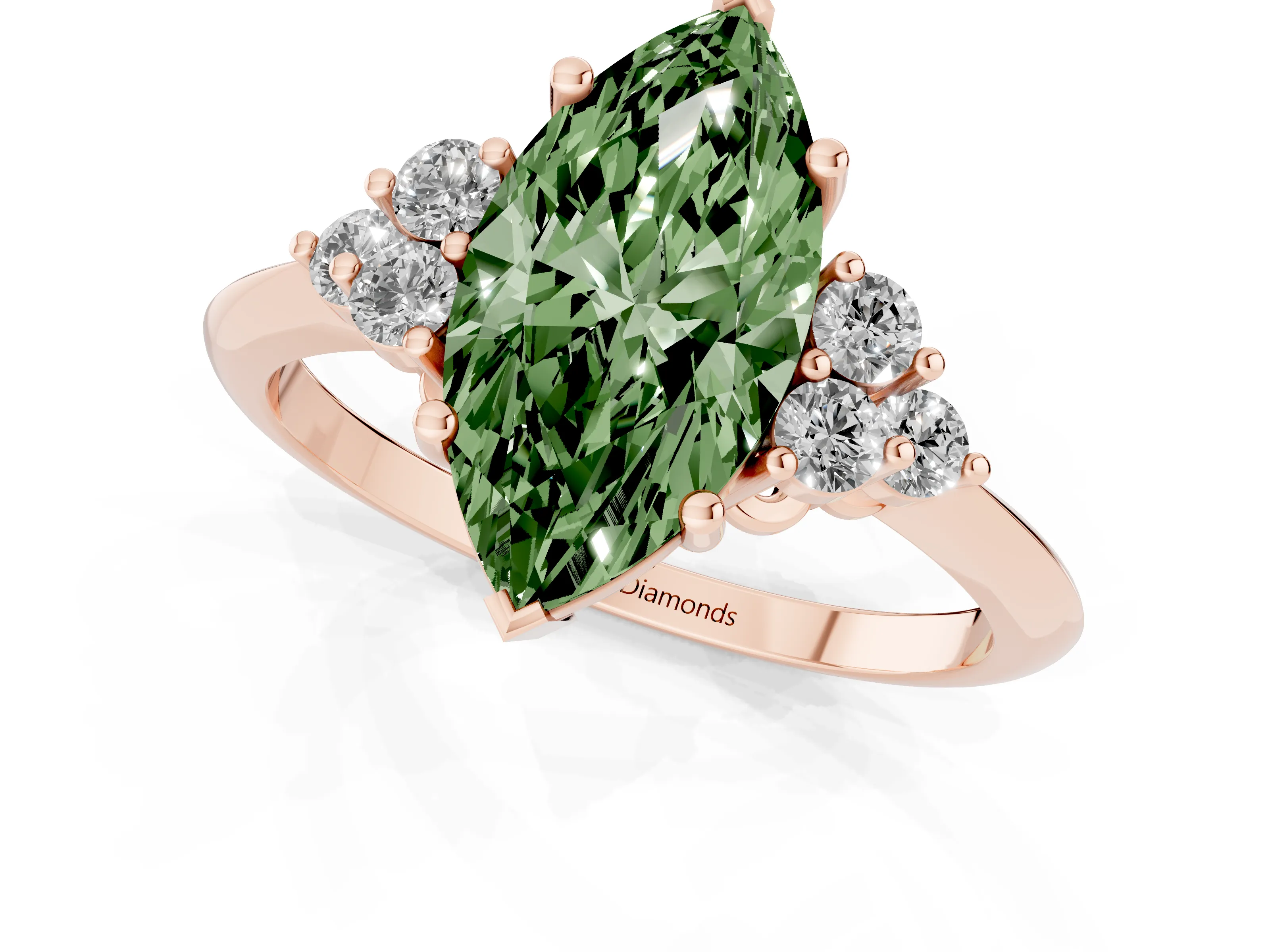 Fancy Green Marquise Cut Diamond Cluster Ring Set in Rose gold with Plain Band and Prong Setting