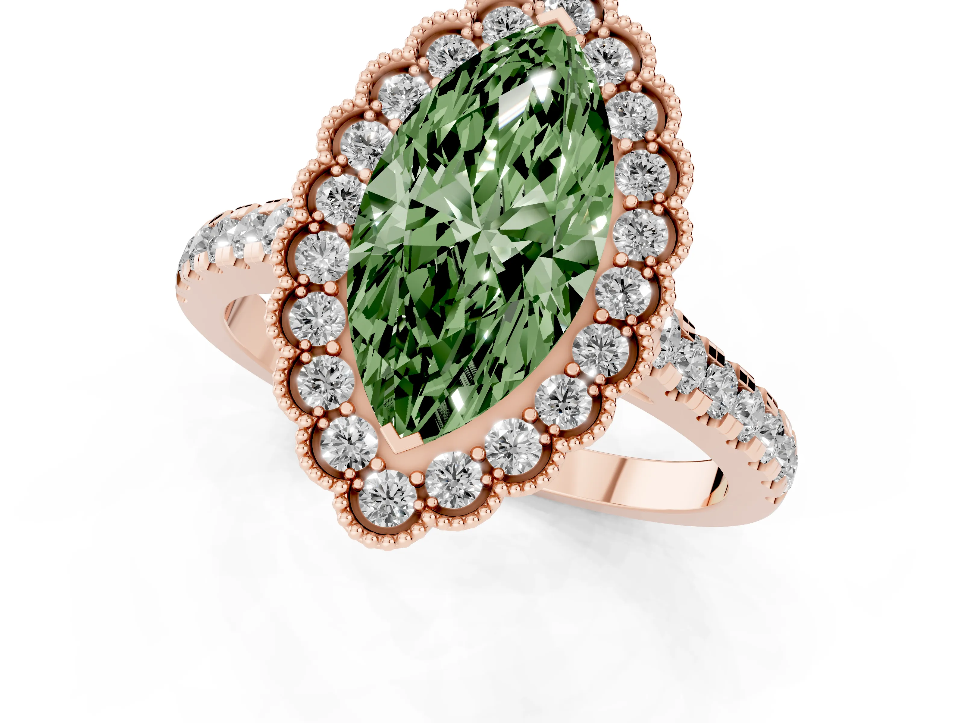 Fancy Green Marquise Cut Diamond Milgrain Floral Halo Engagement Ring Set in Rose gold with Pavé Band