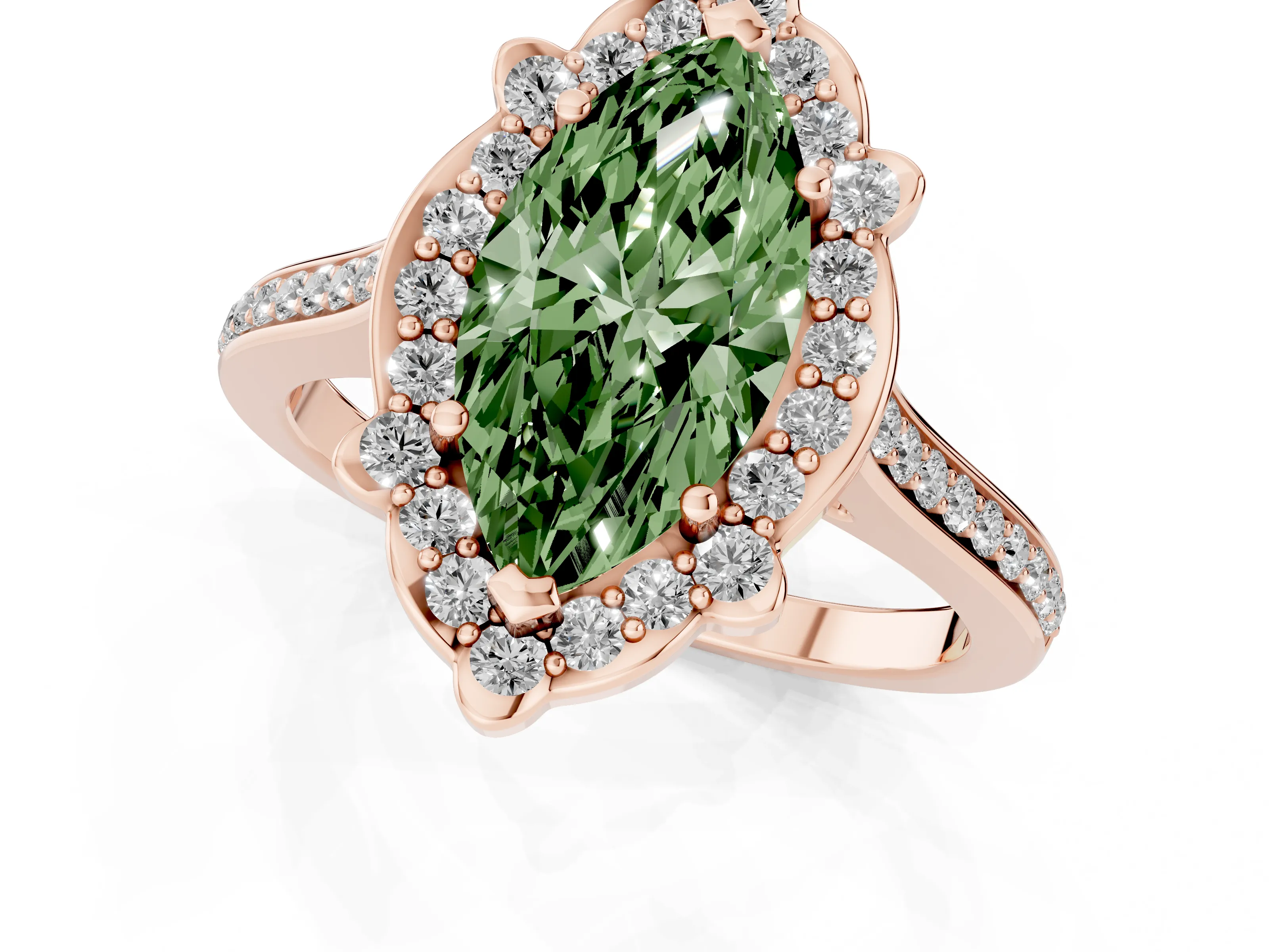 Fancy Green Marquise Cut Diamond Halo Ring Set in Rose gold with Pavé-Lined Shoulders and Prong Setting