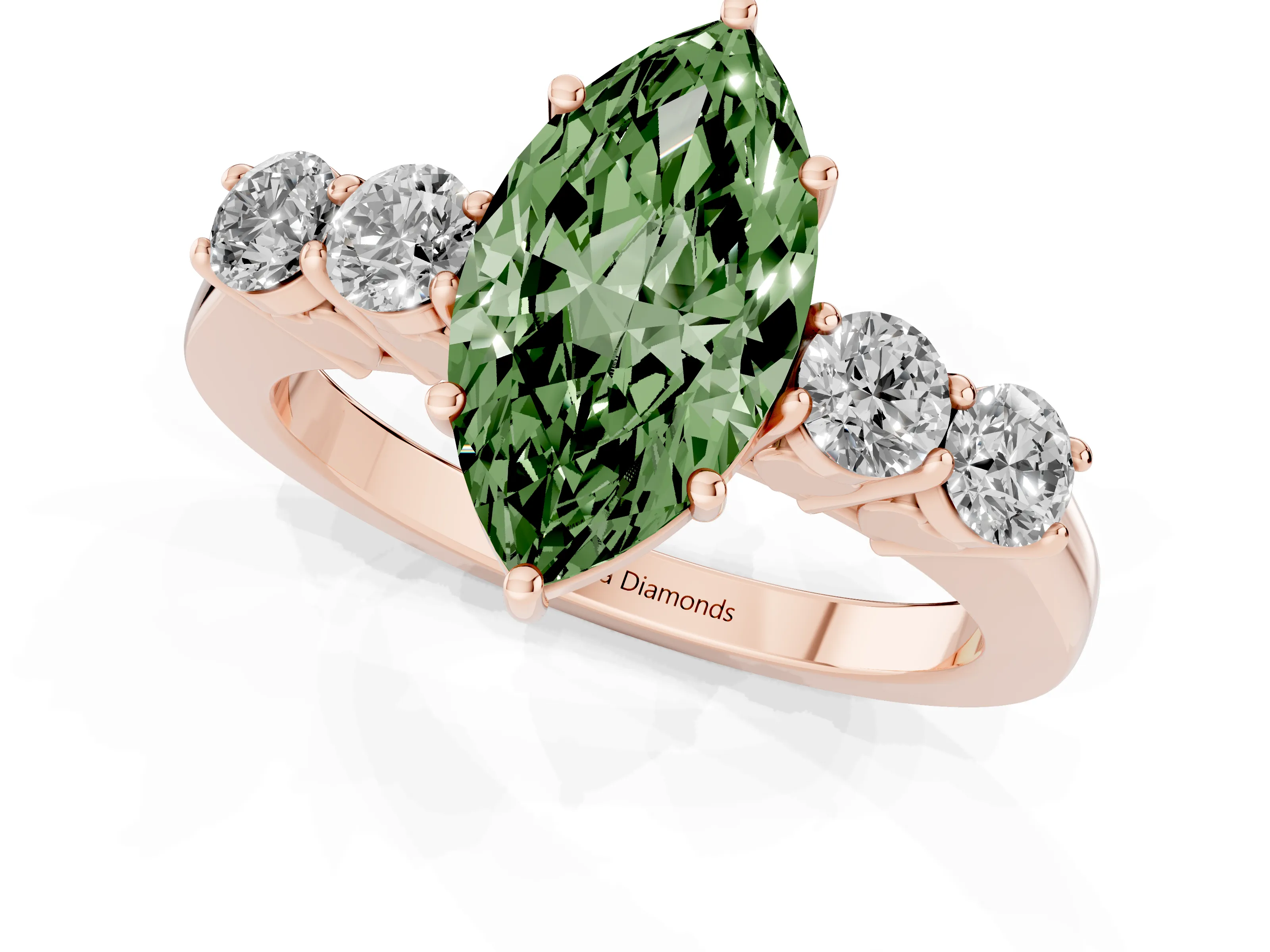 Fancy Green Marquise Cut Diamond Five-Stone Prong Set Band Ring Set in Rose gold with Polished Band