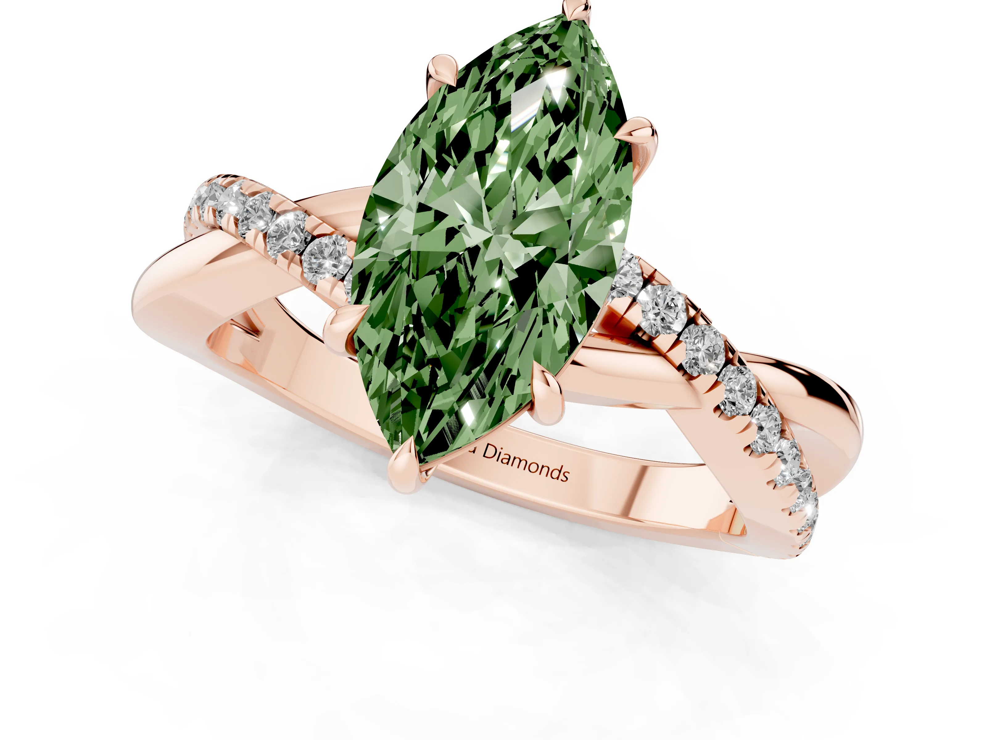 Fancy Green Marquise Cut Diamond Twisted Pavé Band Ring Set in Rose gold with Prong Setting