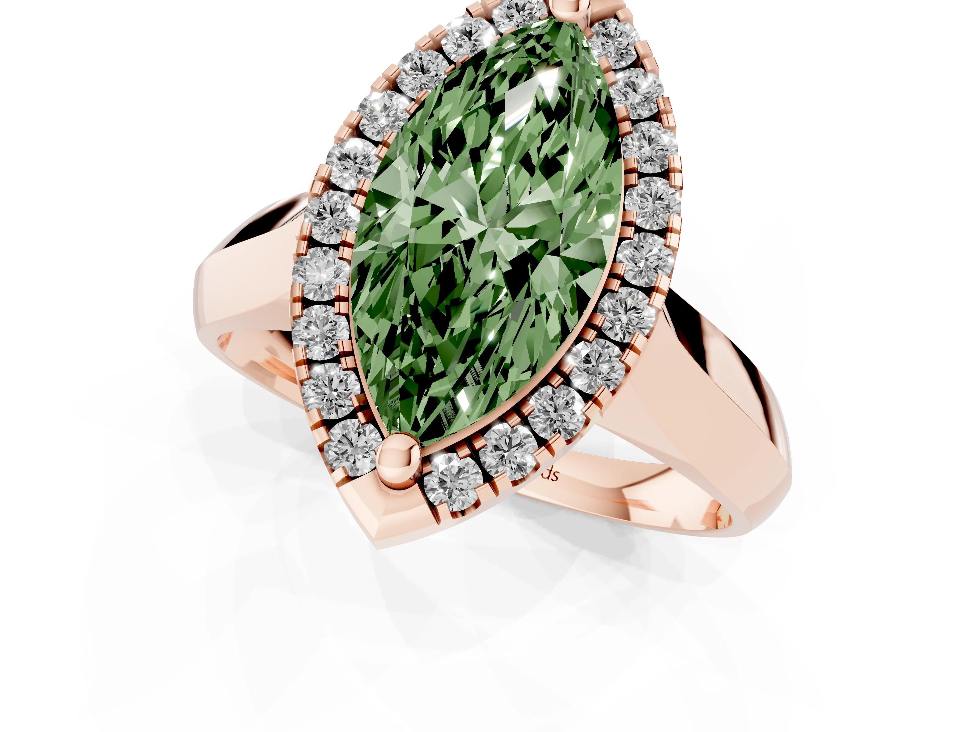 Fancy Green Marquise Cut Diamond Halo Solitaire Engagement Ring Set in Rose gold with Square Band and Prong Setting