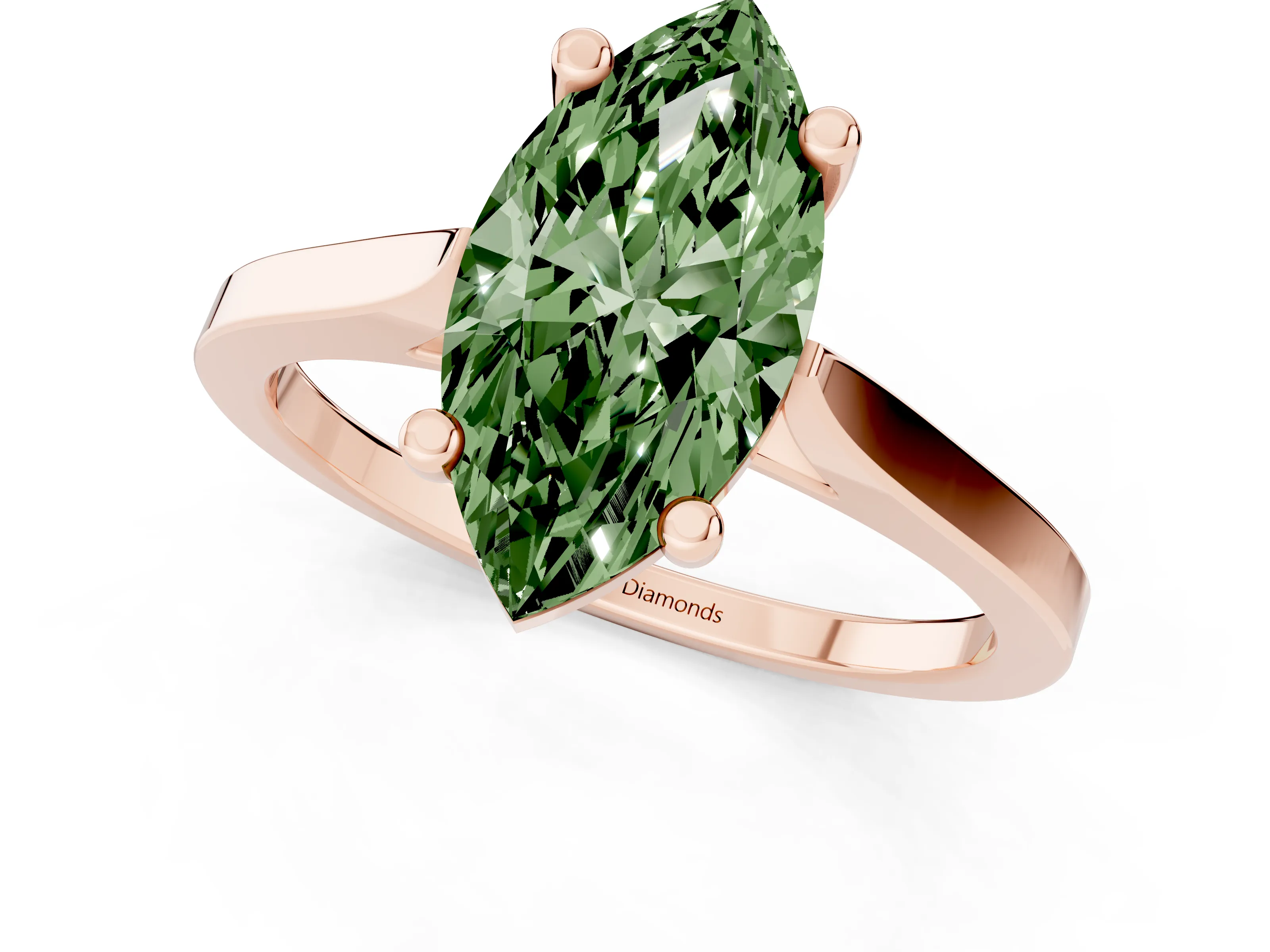 Fancy Green Marquise Cut Diamond Solitaire Ring Set in Rose gold with Prong Setting and Tapered Band