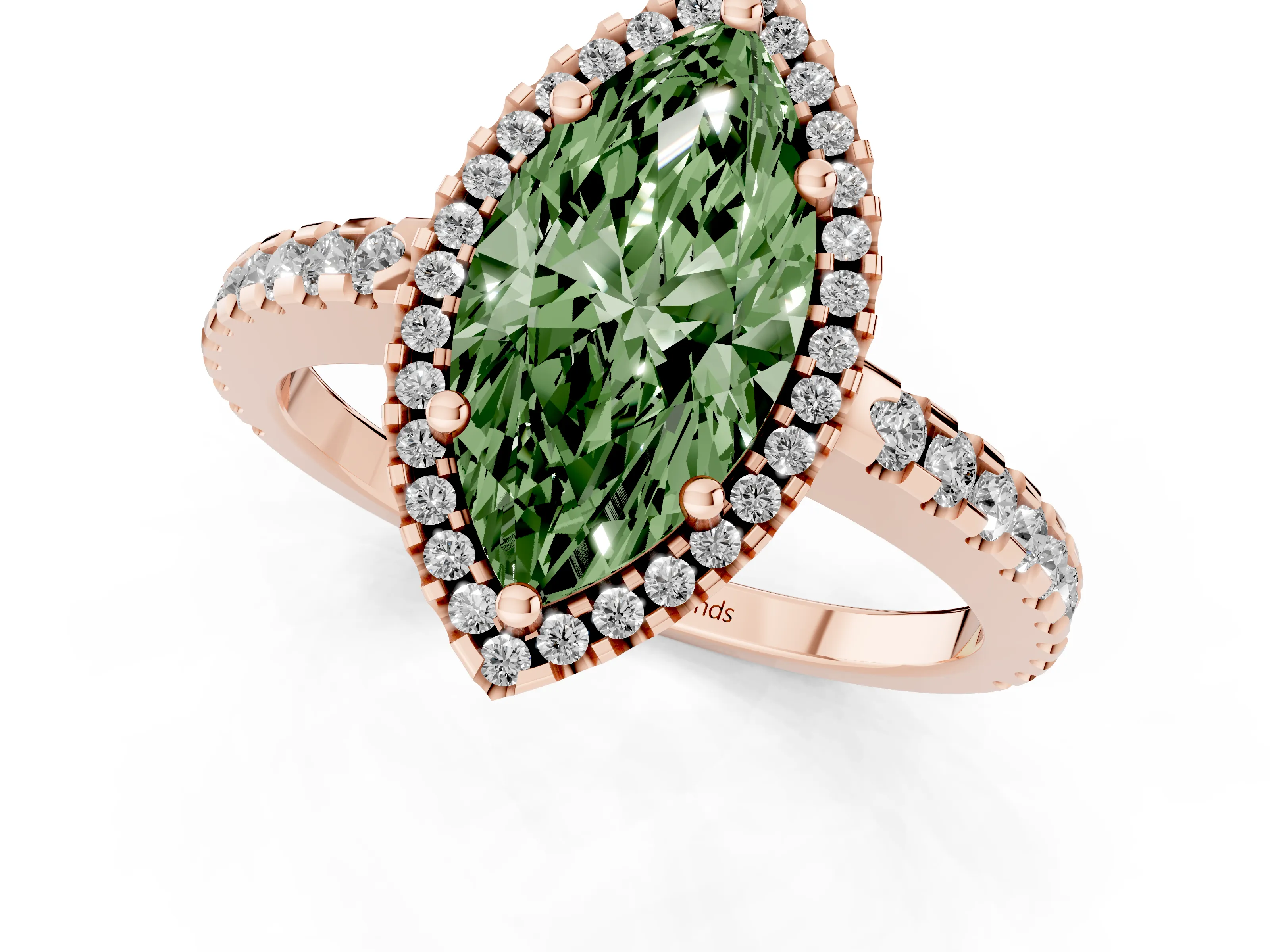 Fancy Green Marquise Cut Diamond Halo Ring Set in Rose gold with Pavé Shoulders and Halo-Framed Center