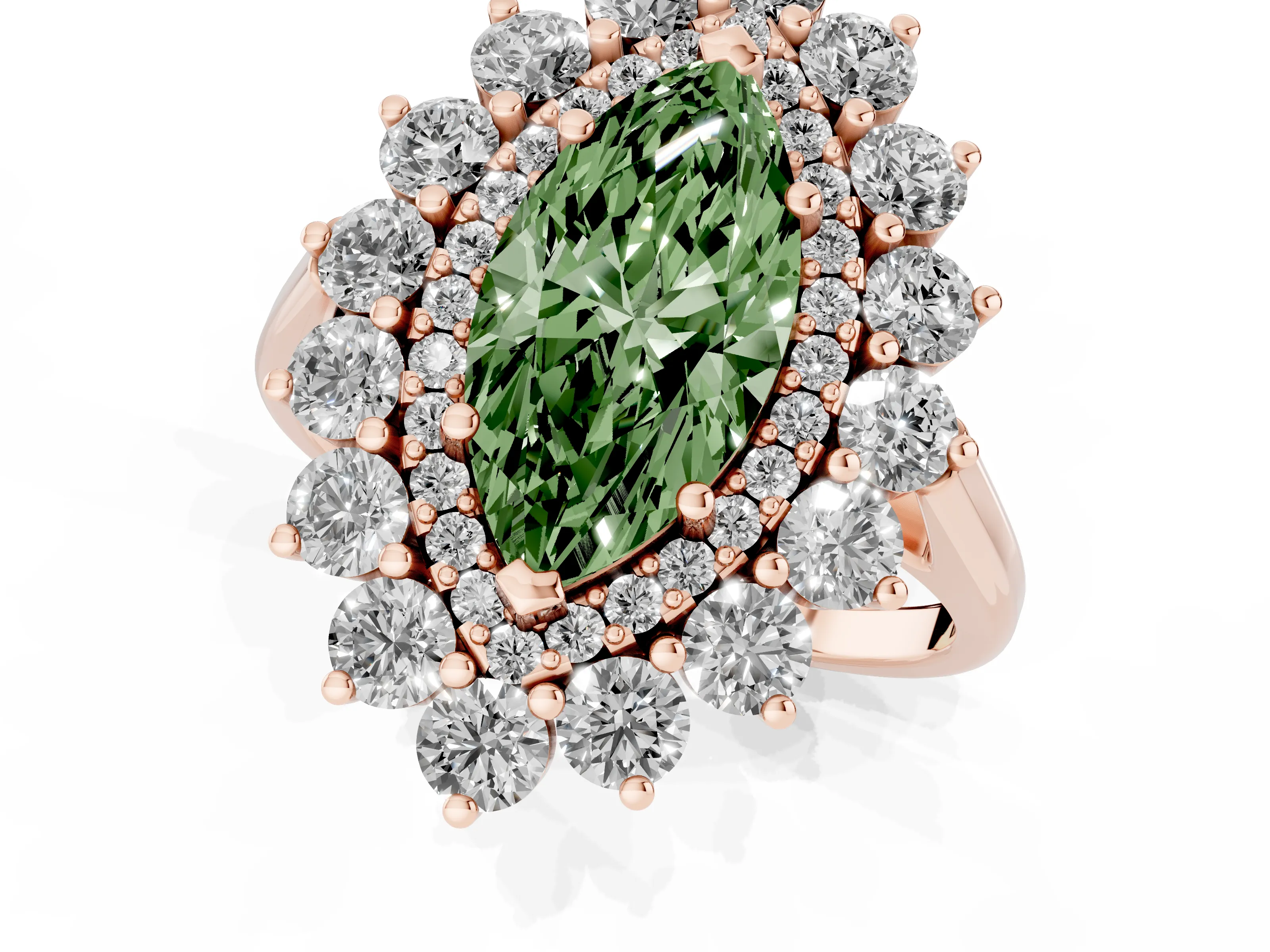 Fancy Green Marquise Cut Diamond Floral Double Halo Ring Set in Rose gold with Round Petals