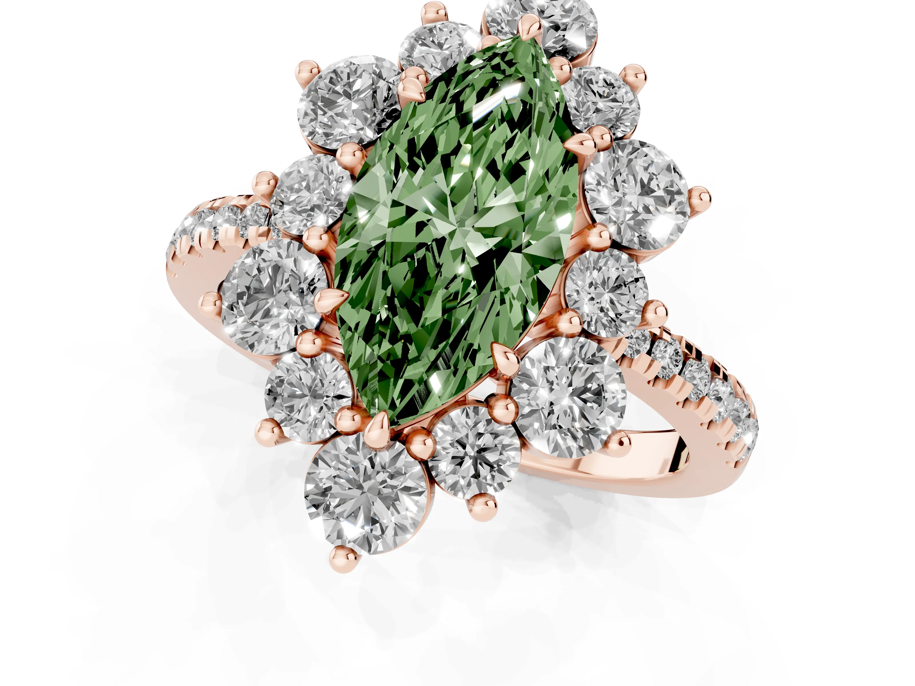 Fancy Green Marquise Cut Diamond Floral Halo Ring Set in Rose gold with Round Pavé Band and Prong Setting – second view
