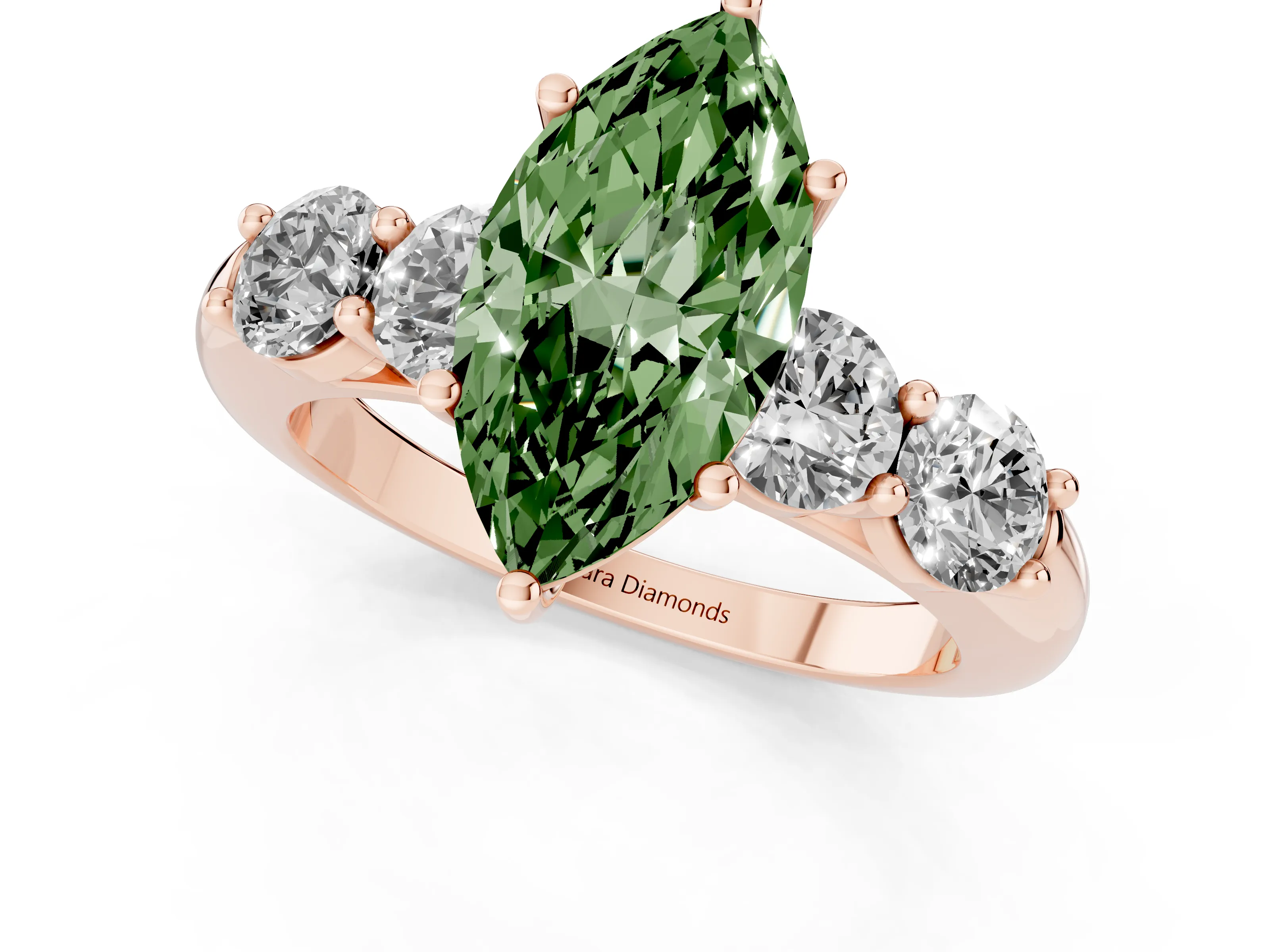 Fancy Green Marquise Cut Diamond Five-Stone Prong Set Ring Set in Rose gold with Classic Band