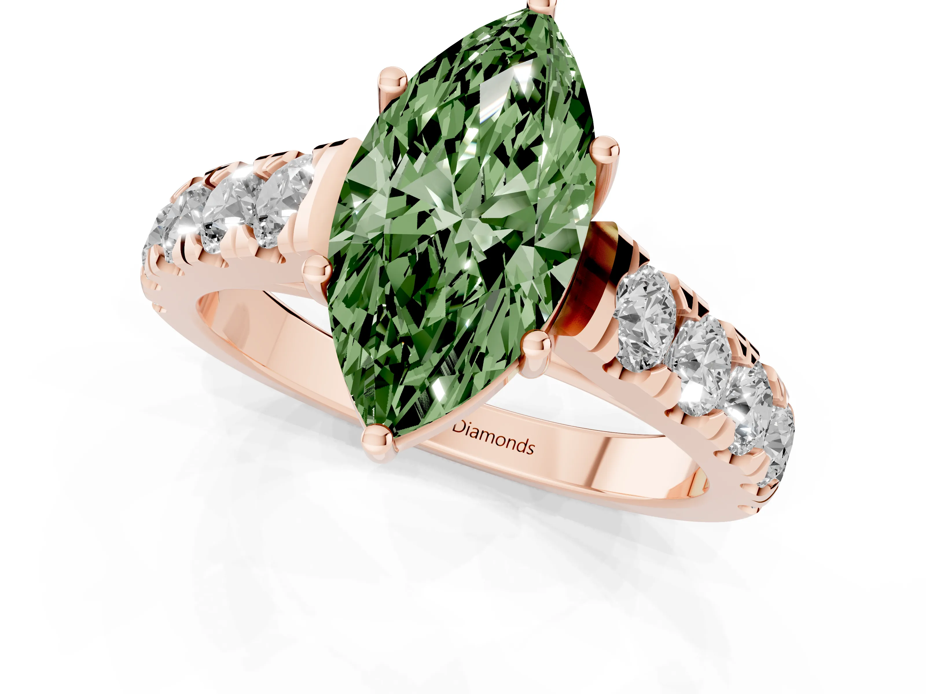 Fancy Green Marquise Cut Diamond Solitaire Ring Set in Rose gold with Cut-Down Micro Pavé Band and Prong Setting