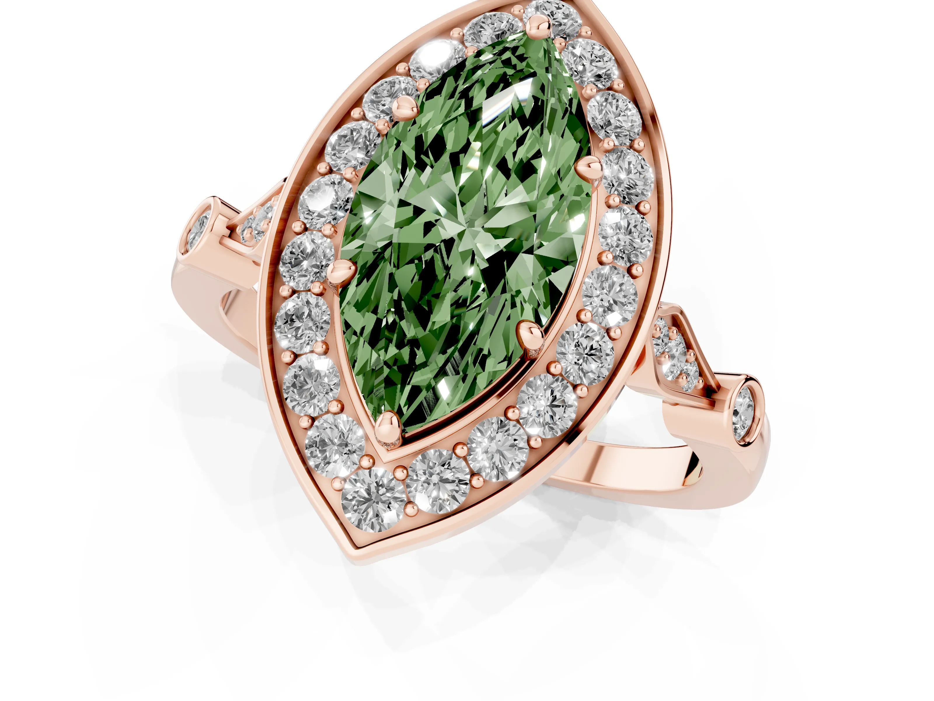 Fancy Green Marquise Cut Diamond Halo Engagement Ring Set in Rose gold with Twisted Band and Prong Setting