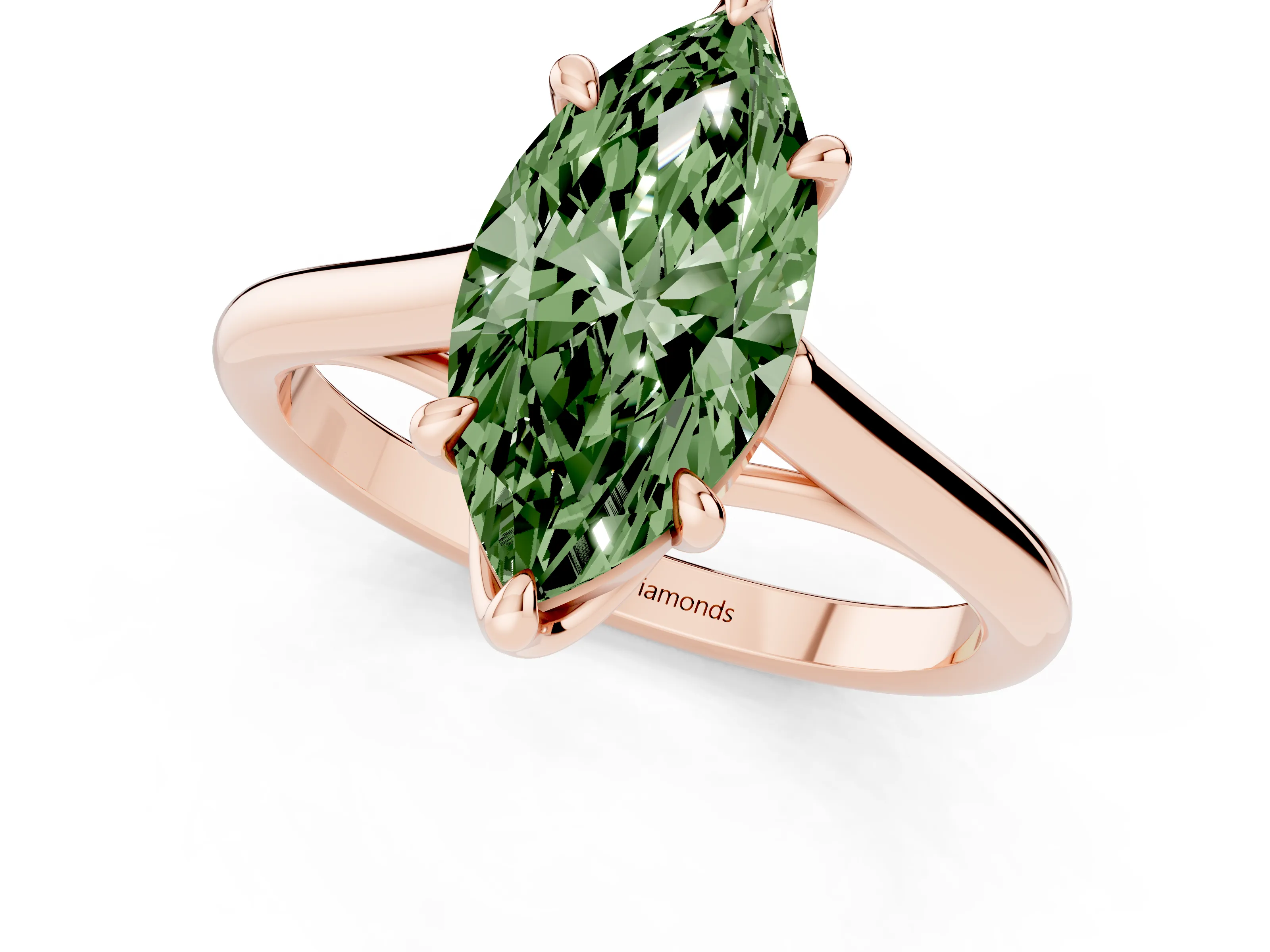 Fancy Green Marquise Cut Diamond Solitaire Engagement Ring Set in Rose gold with Prong Setting and Plain Classic Band
