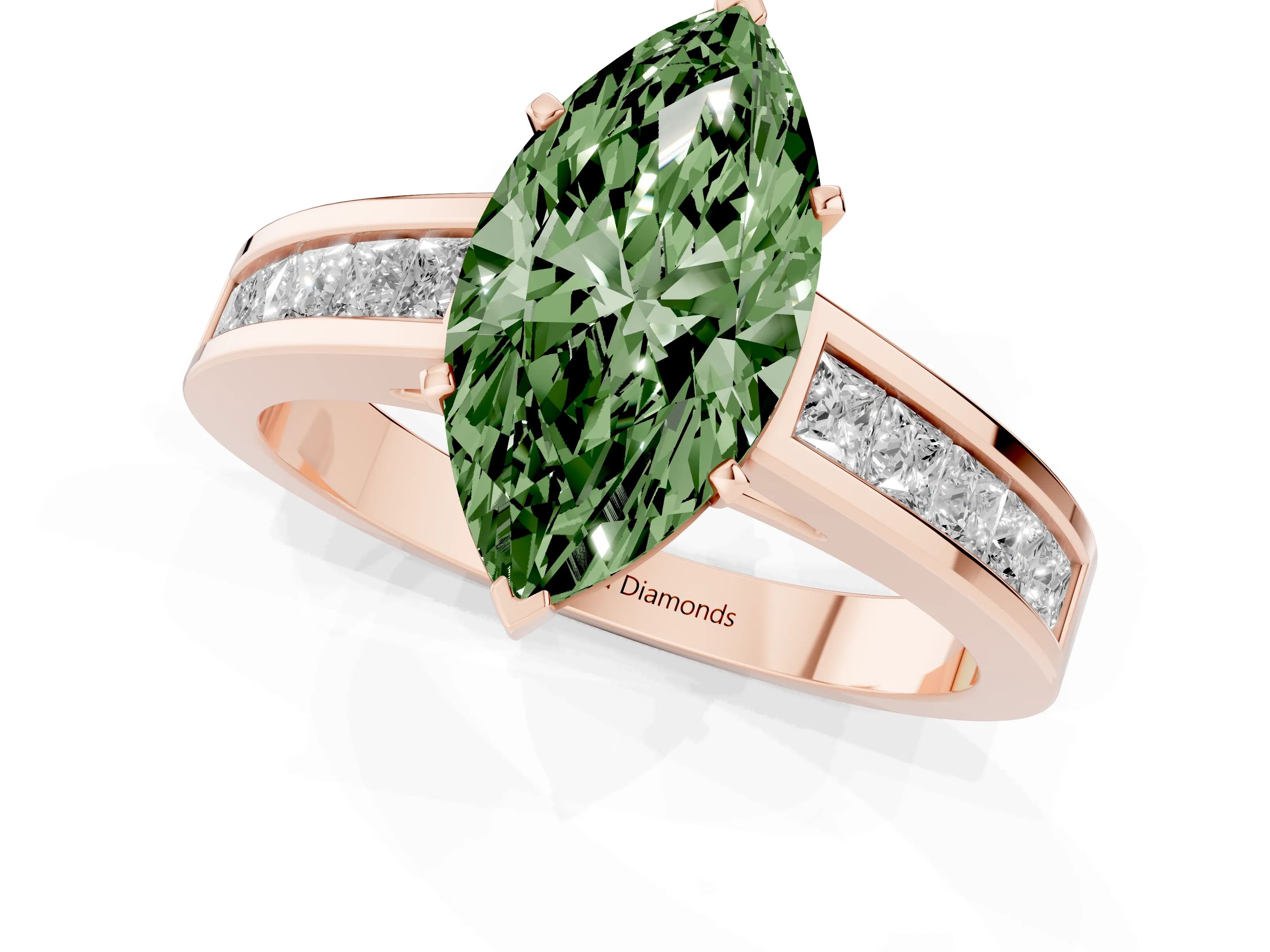 Fancy Green Marquise Cut Diamond Solitaire Ring Set in Rose gold with Channel-Set Band and Prong Setting