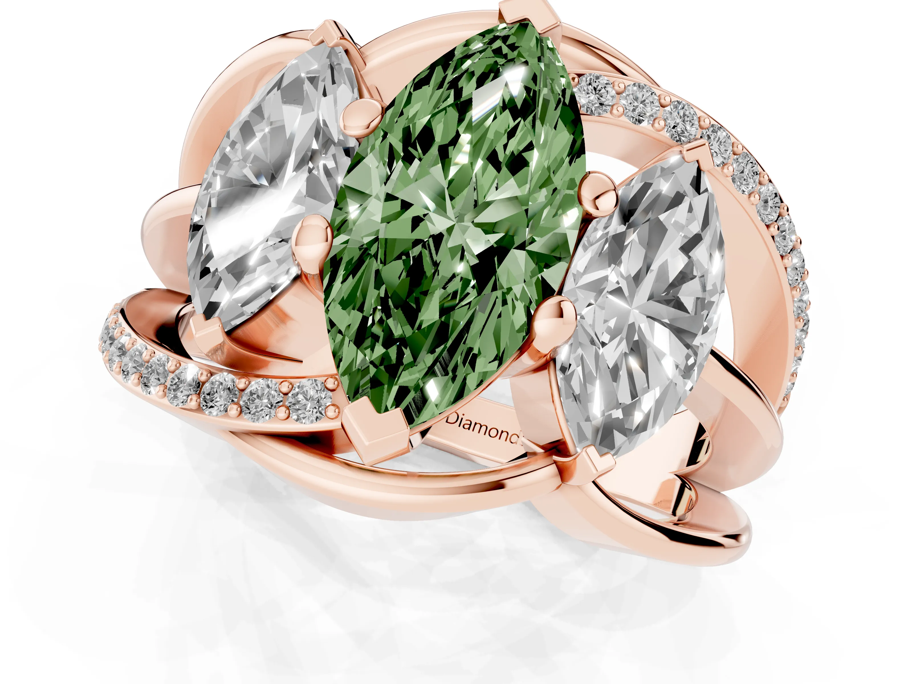Fancy Green Marquise Cut Diamond Three-Stone Ring Set in Rose gold with Split Shank and Prong Setting