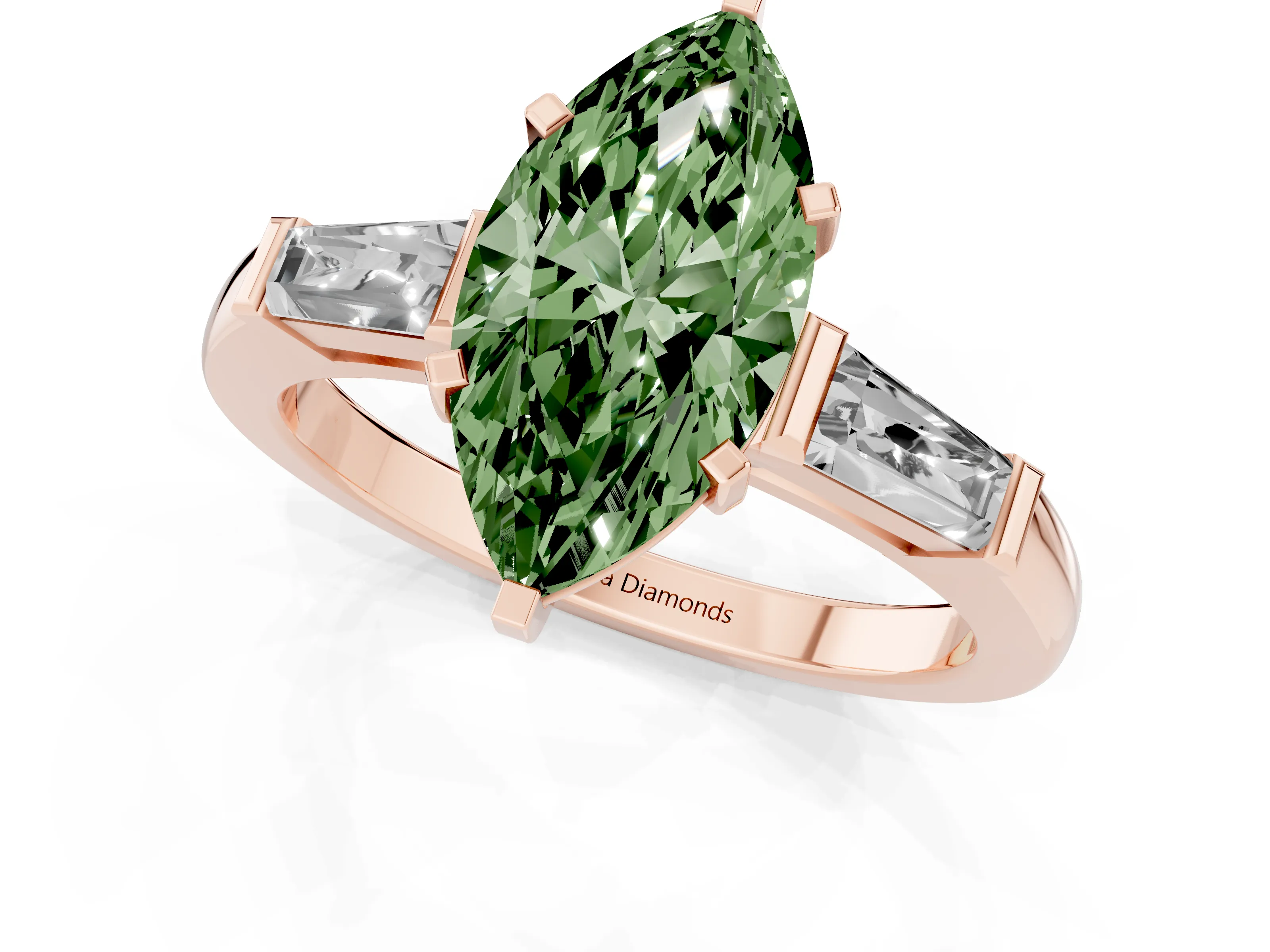 Fancy Green Marquise Cut Diamond Solitaire Ring Set in Rose gold with Tapered Baguette Side Stones and Prong Setting
