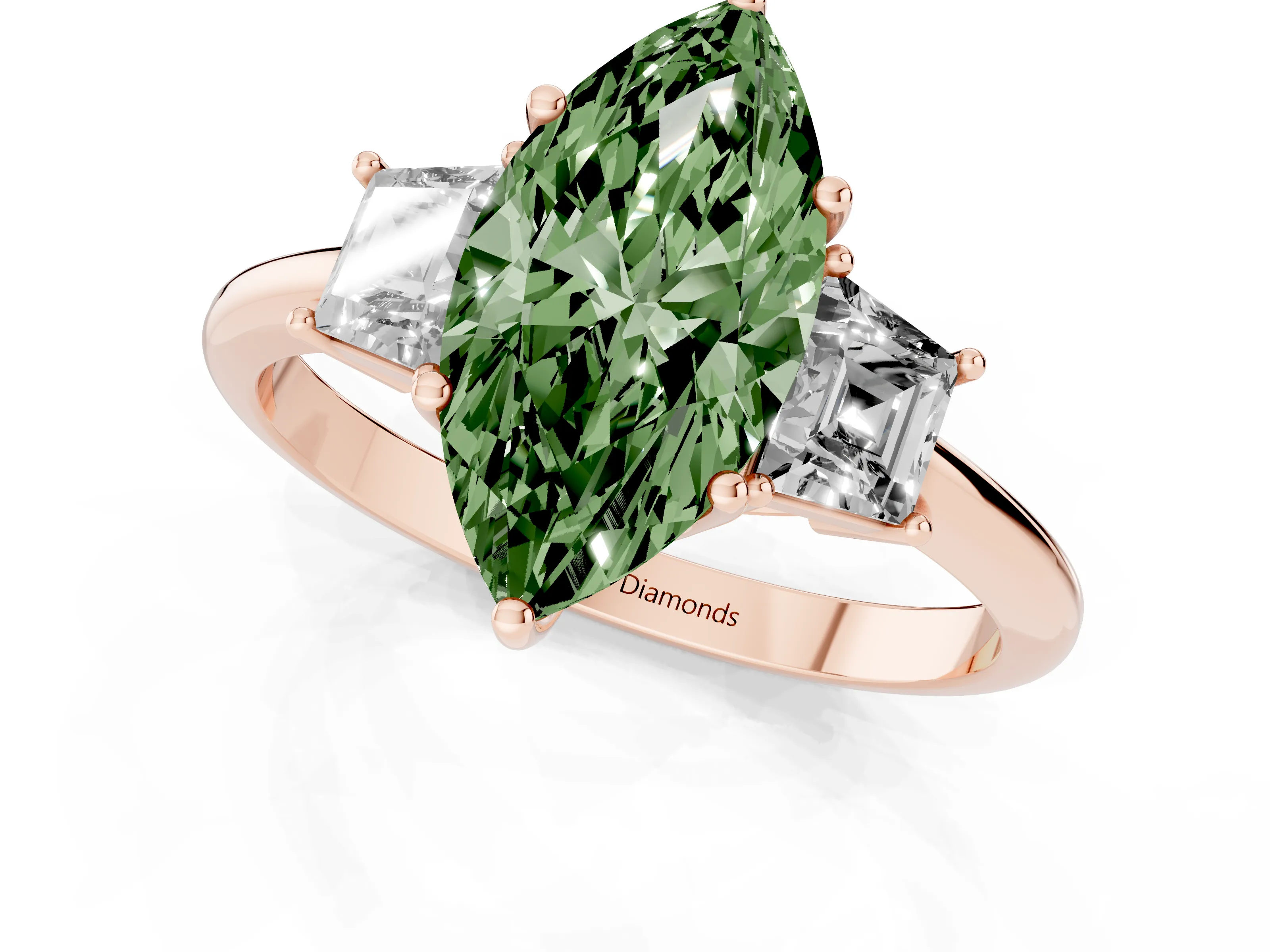Fancy Green Marquise Cut Diamond Three-Stone Ring Set in Rose gold with Trapezoid Side Stones and Prong Setting