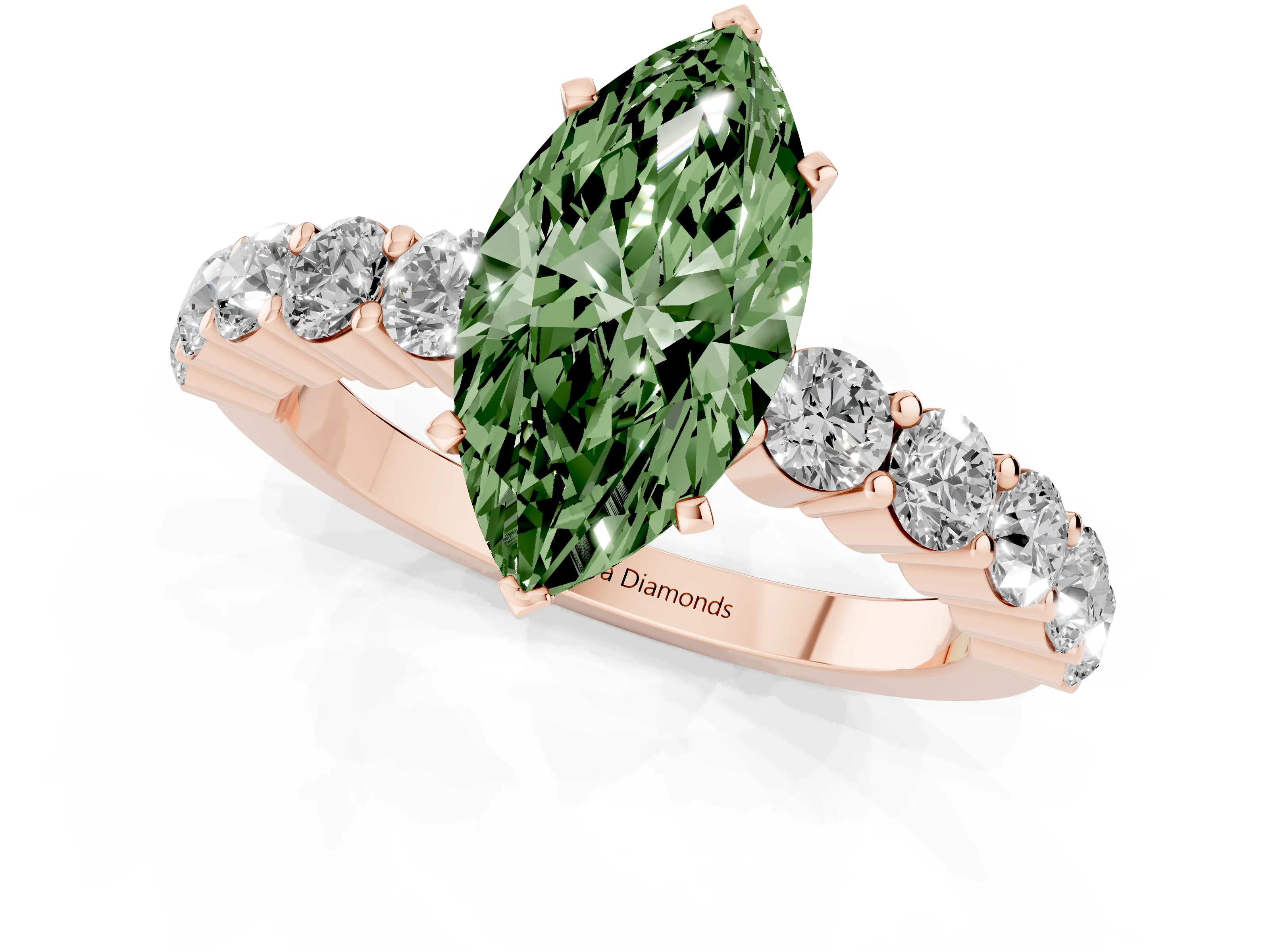 Fancy Green Marquise Cut Diamond Solitaire Ring Set in Rose gold with Shared Prong Round Side Stones