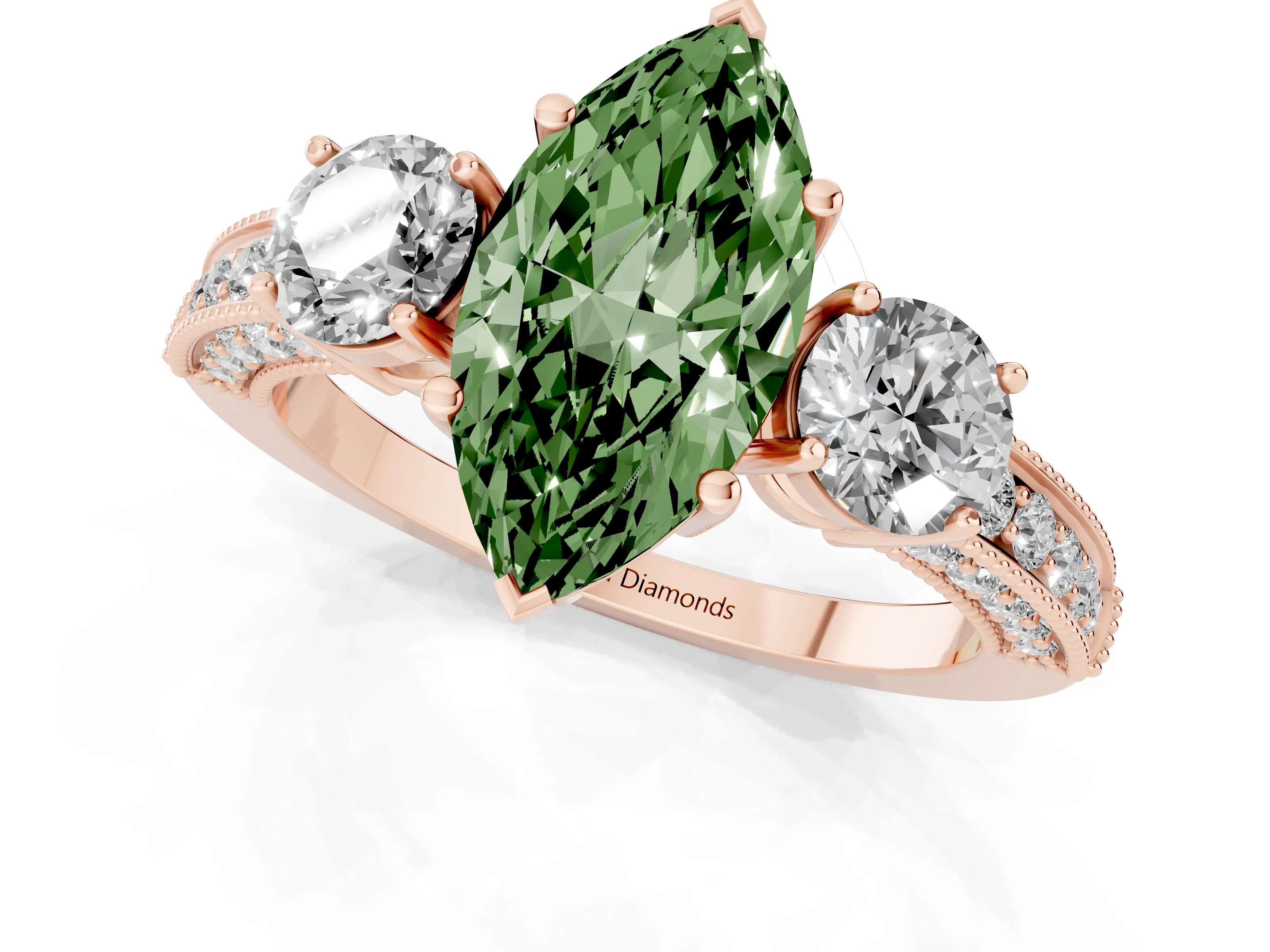 Fancy Green Marquise Cut Diamond Three-Stone Ring Set in Rose gold with Round Side Stones and Pavé Band